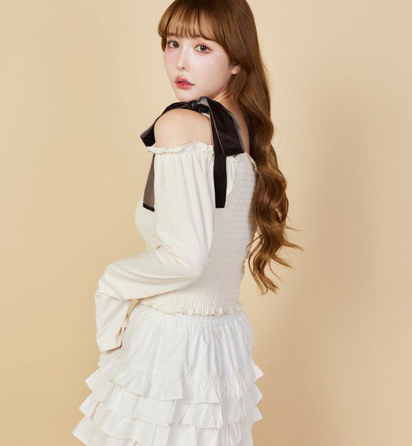  「長袖シャーリング肩リボントップス」|プルオーバー|