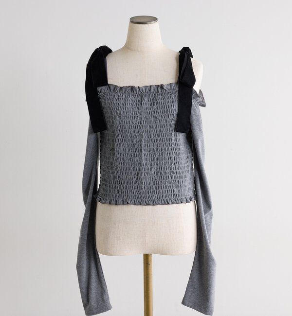  「長袖シャーリング肩リボントップス」|プルオーバー|