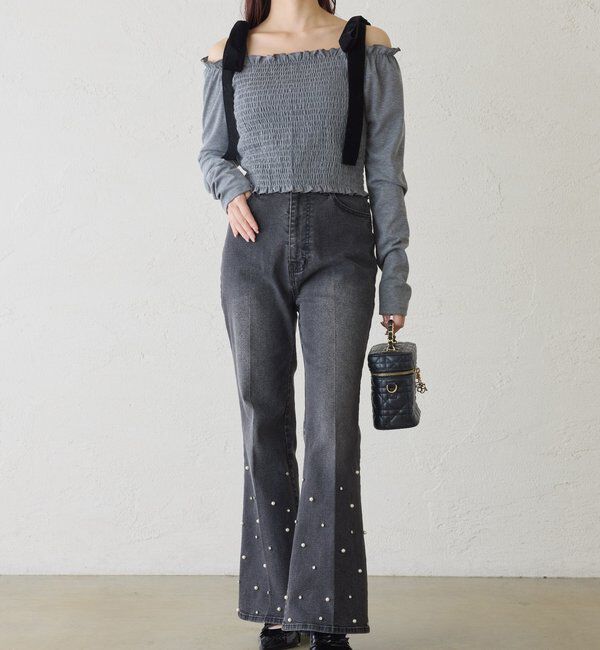  「長袖シャーリング肩リボントップス」|プルオーバー|