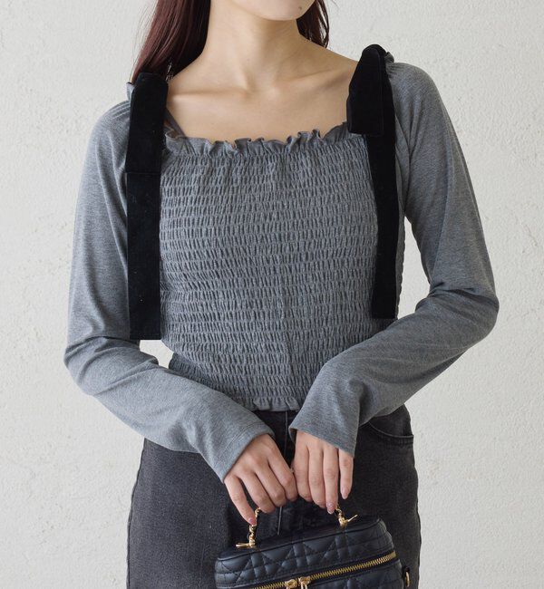  「長袖シャーリング肩リボントップス」|プルオーバー|