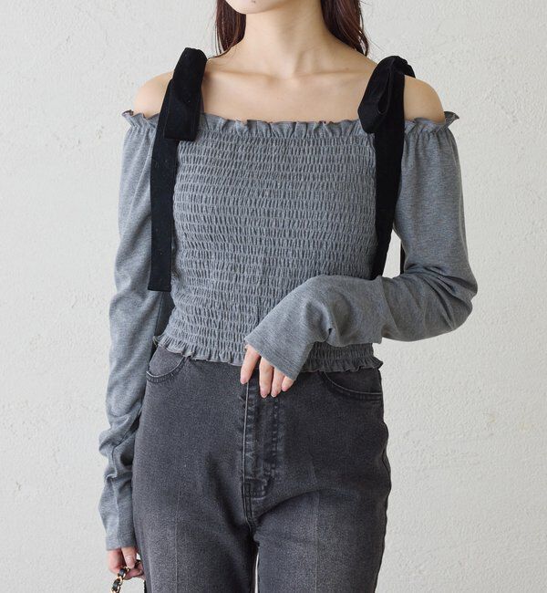  「長袖シャーリング肩リボントップス」|プルオーバー|