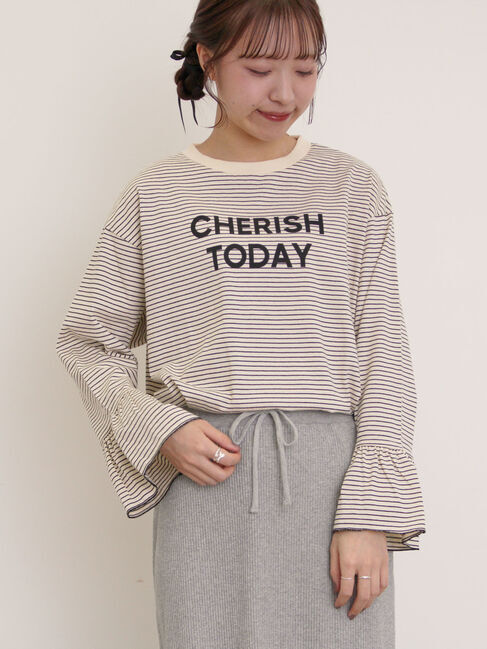 Samansa Mos2「袖口フリルメロウロゴプリントロンT」|Tシャツ・カットソー|