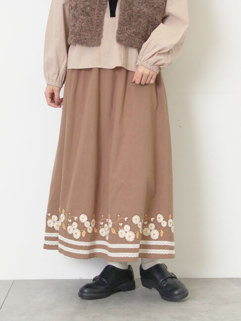 Samansa Mos2「【WEB限定】花柄刺繍ギャザースカート」|スカート|