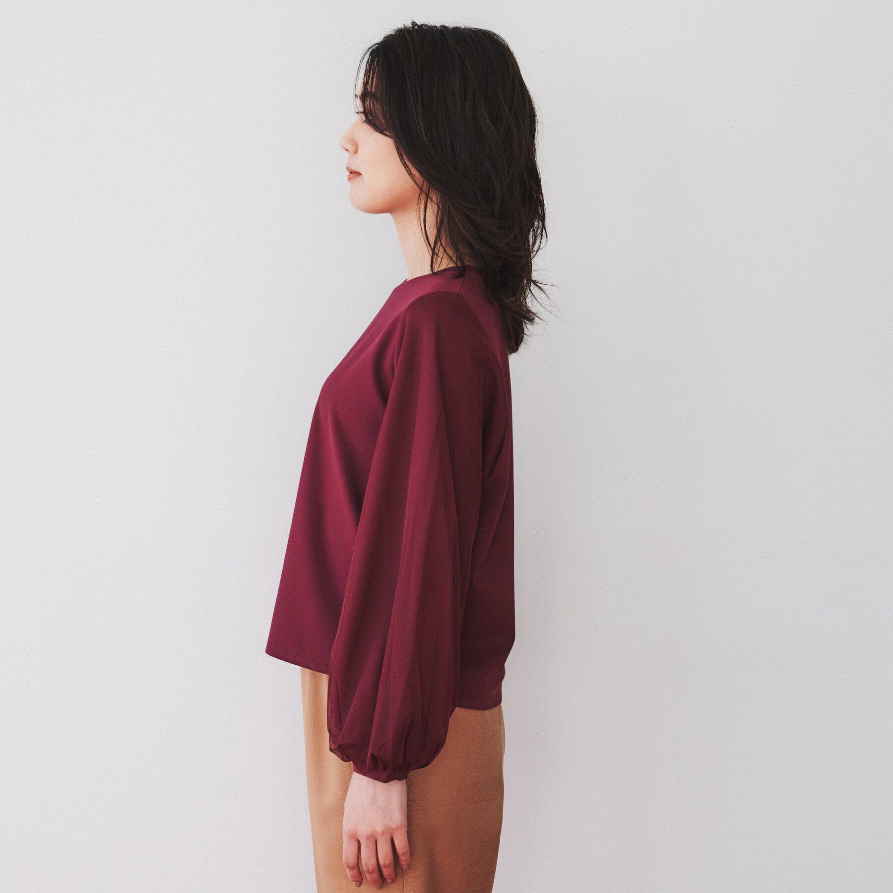 UNTITLED「【洗える/すっきり丈/きれいめ】ストレッチポンチ袖チュールカットソー」|Tシャツ・カットソー|