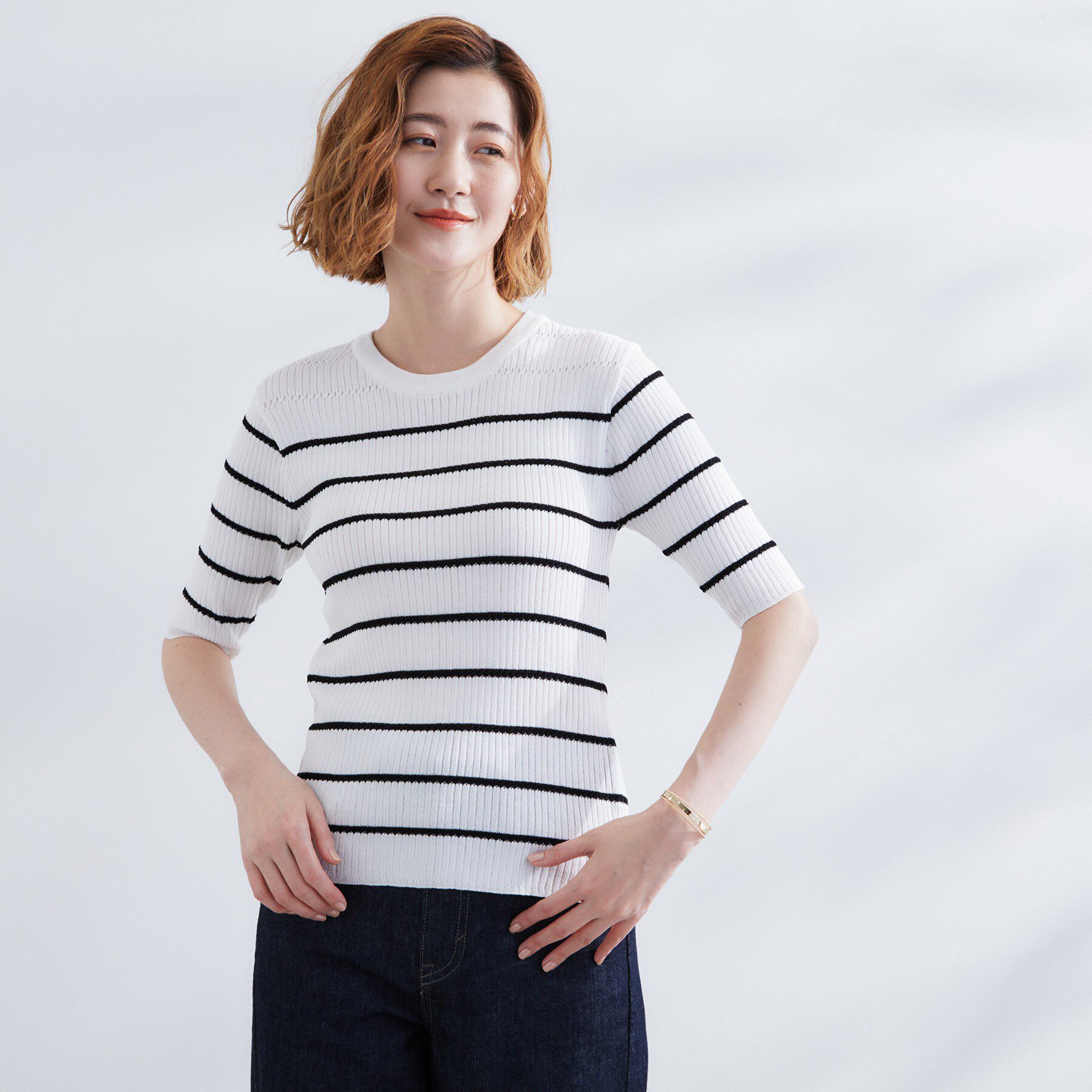 grove「地柄ボーダーリブニットプルオーバー」|ニット・セーター|オフホワイト(303