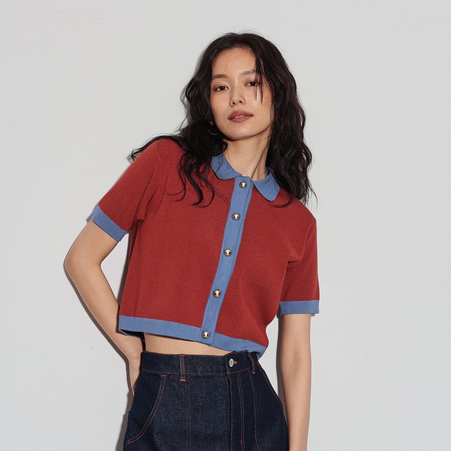 GALLEST「カラーブロッキングポロニットカーデ」|カーディガン|ｵﾚﾝｼﾞ(069)