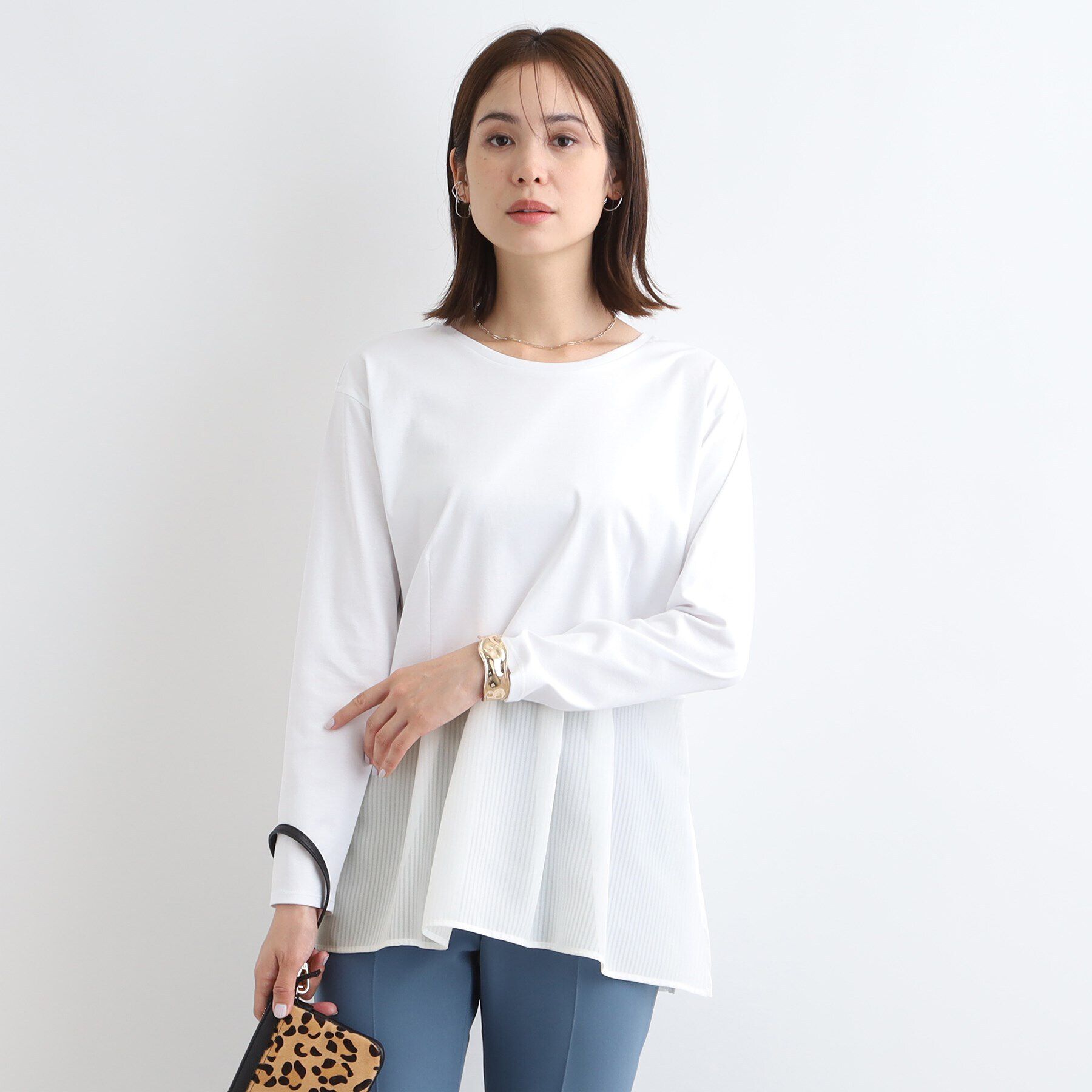 INDIVI「【洗える】透かしストライプコンビトップス」|Tシャツ・カットソー|ホワイト(001)