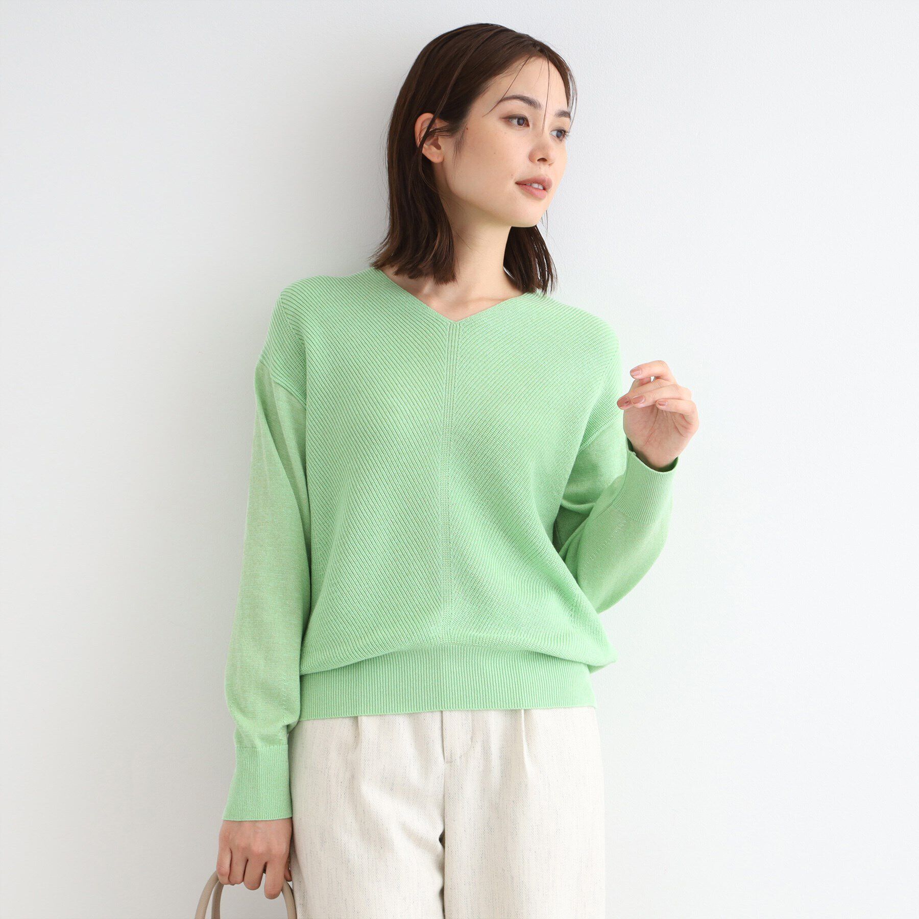 INDIVI「【洗える／日本製／ウール混】Vネックラメニット」|ニット・セーター|ミントグリーン(02