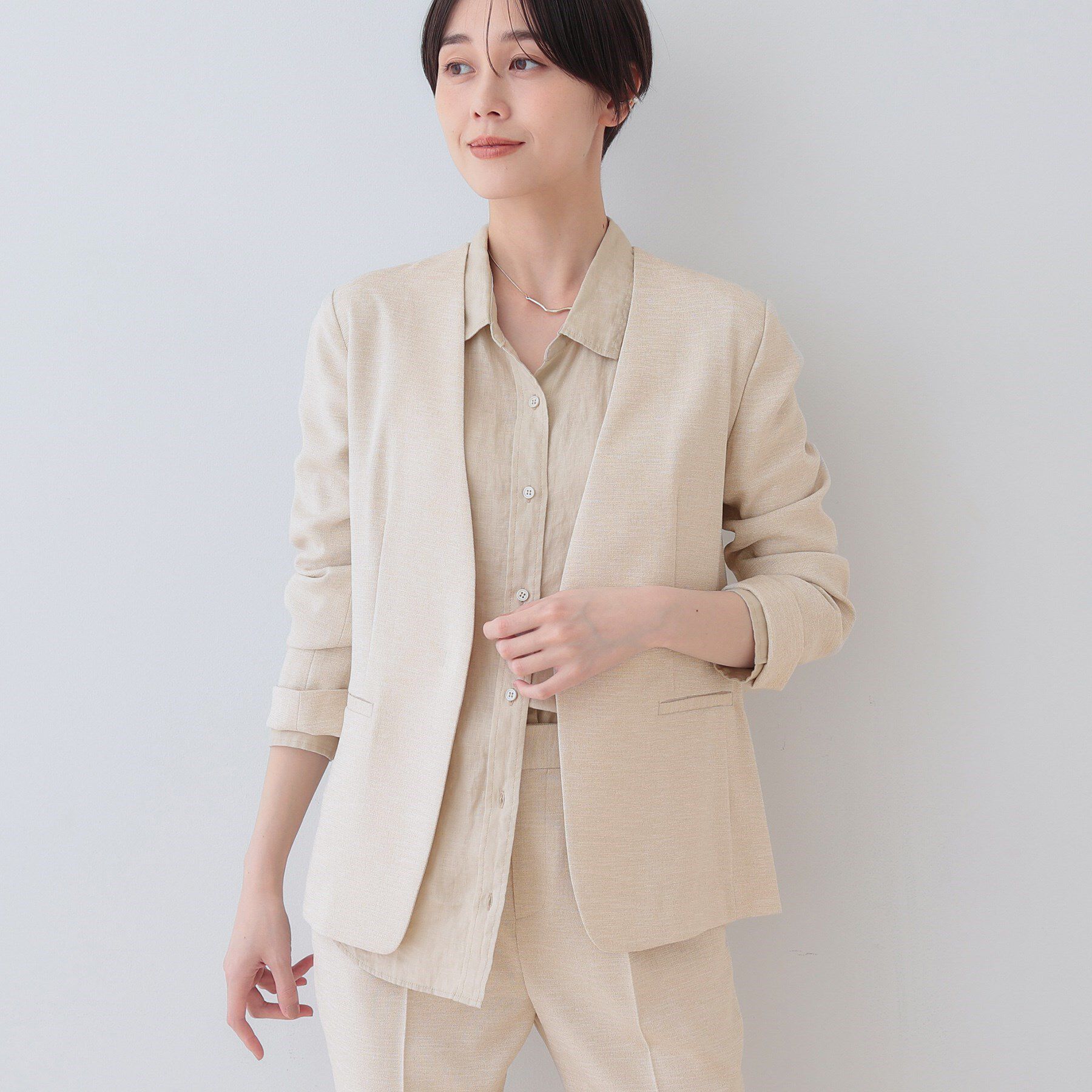 INDIVI「【こなれSETUP】リネンライクノーカラージャケット」|ノーカラージャケット|