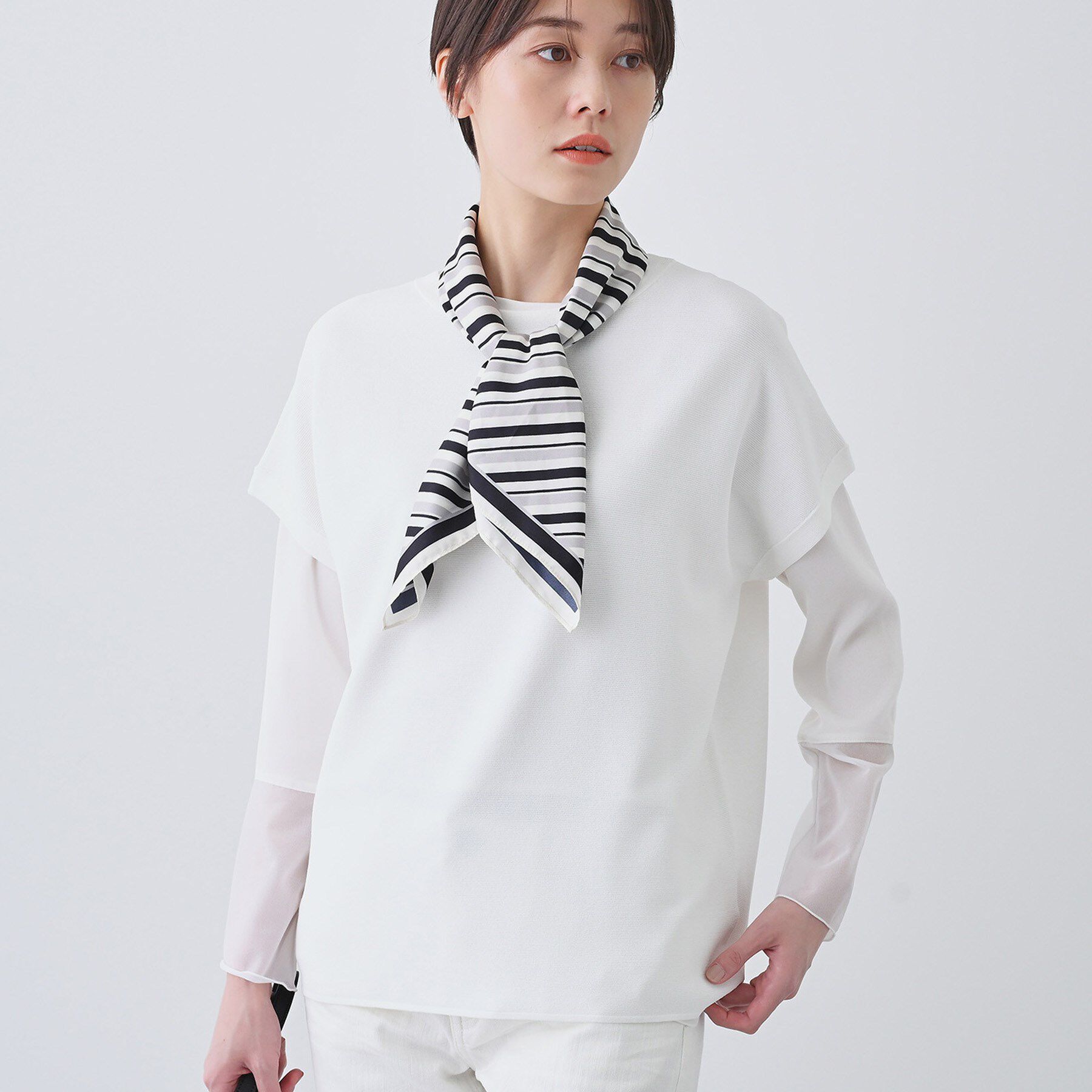 INDIVI「新色登場！【洗える／清涼感】レーヨンストレッチ フレンチスリーブニット」|ニット・セーター|ホワイト(001)