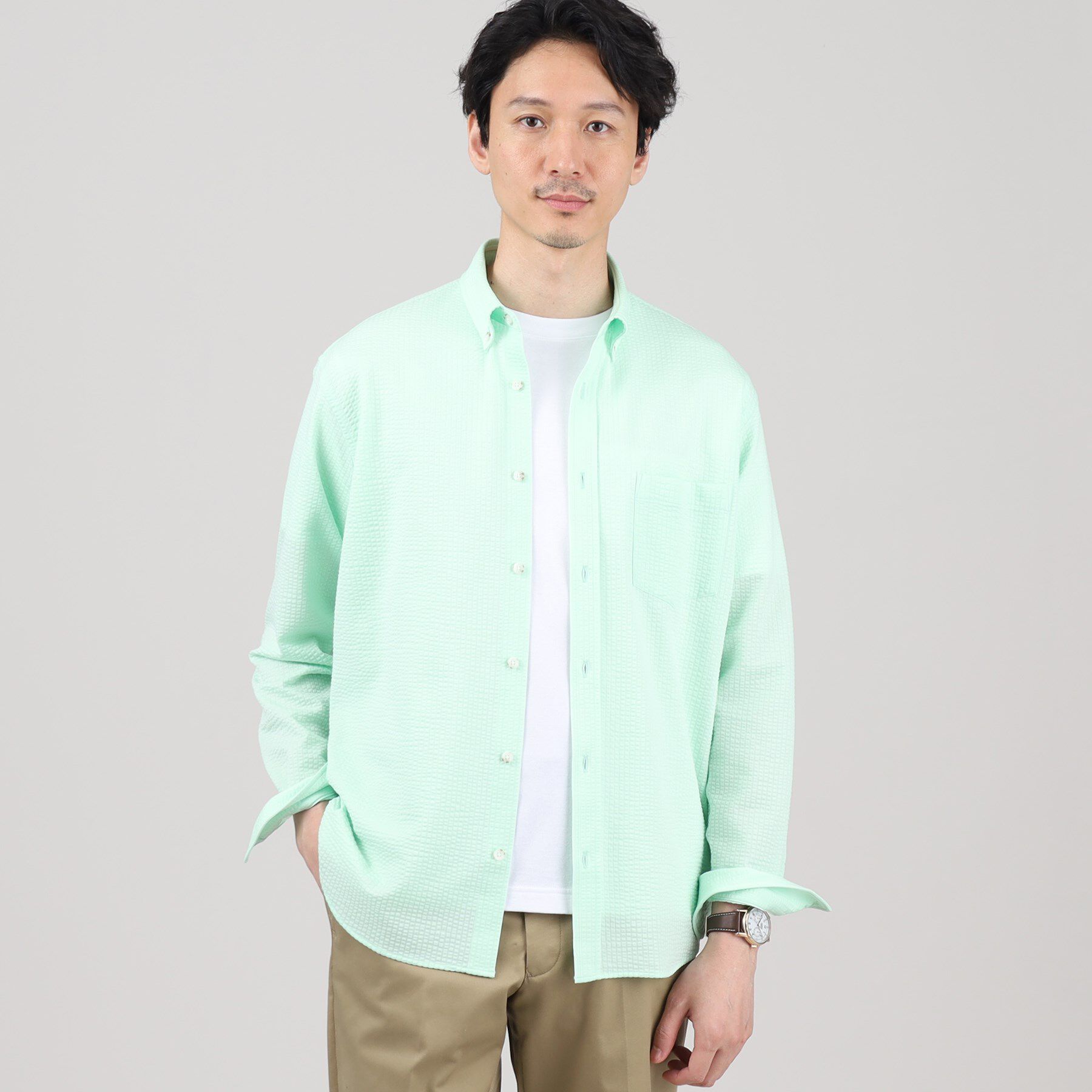 TAKEO KIKUCHI「【抗菌防臭/シーズンレス】シアサッカー ジャージシャツ」|シャツ・ブラウス|ﾗｲﾄｸﾞﾘｰﾝ(021)