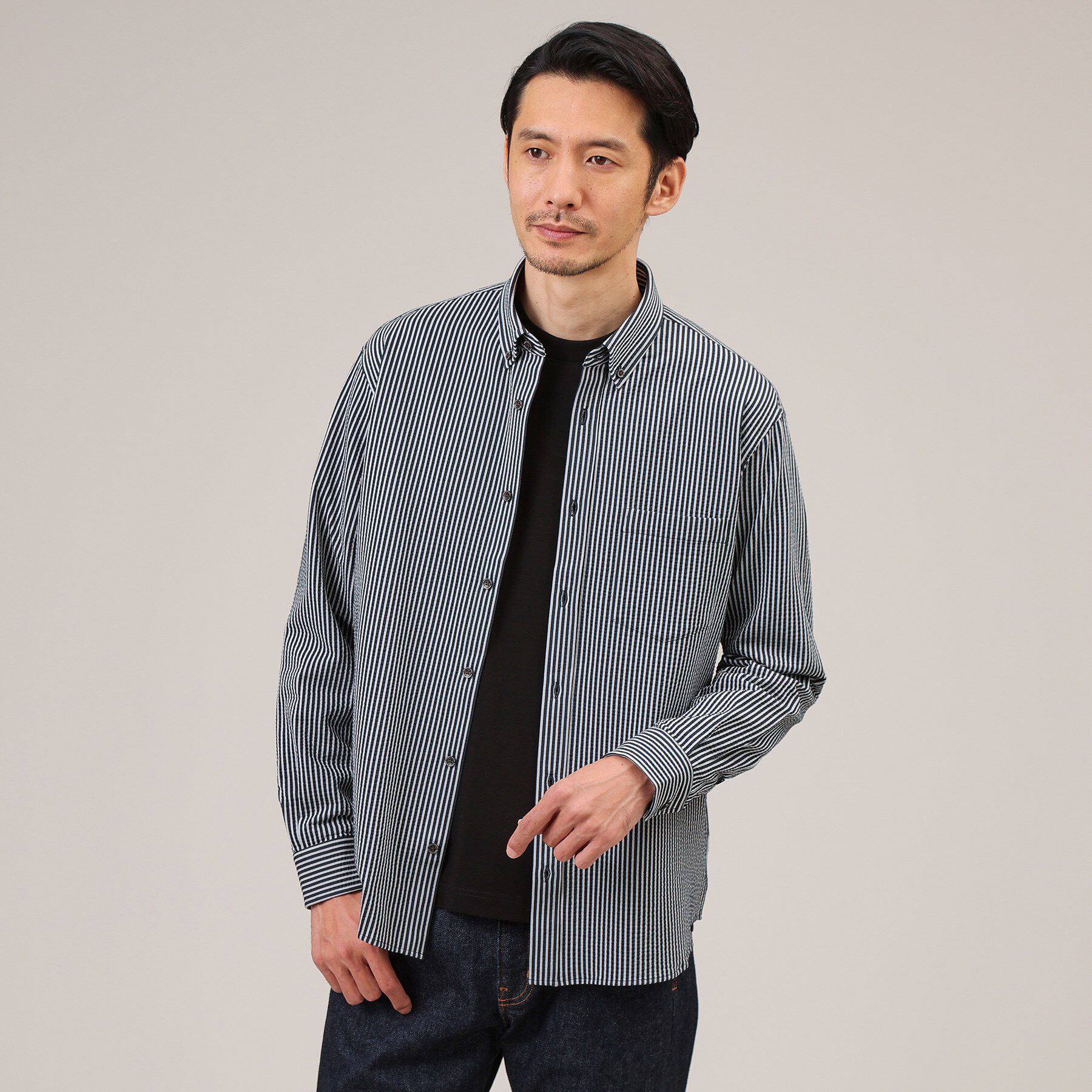 TAKEO KIKUCHI「【抗菌防臭/シーズンレス】シアサッカー ジャージシャツ」|シャツ・ブラウス|ﾀﾞｰｸﾈｲﾋﾞｰ(394)