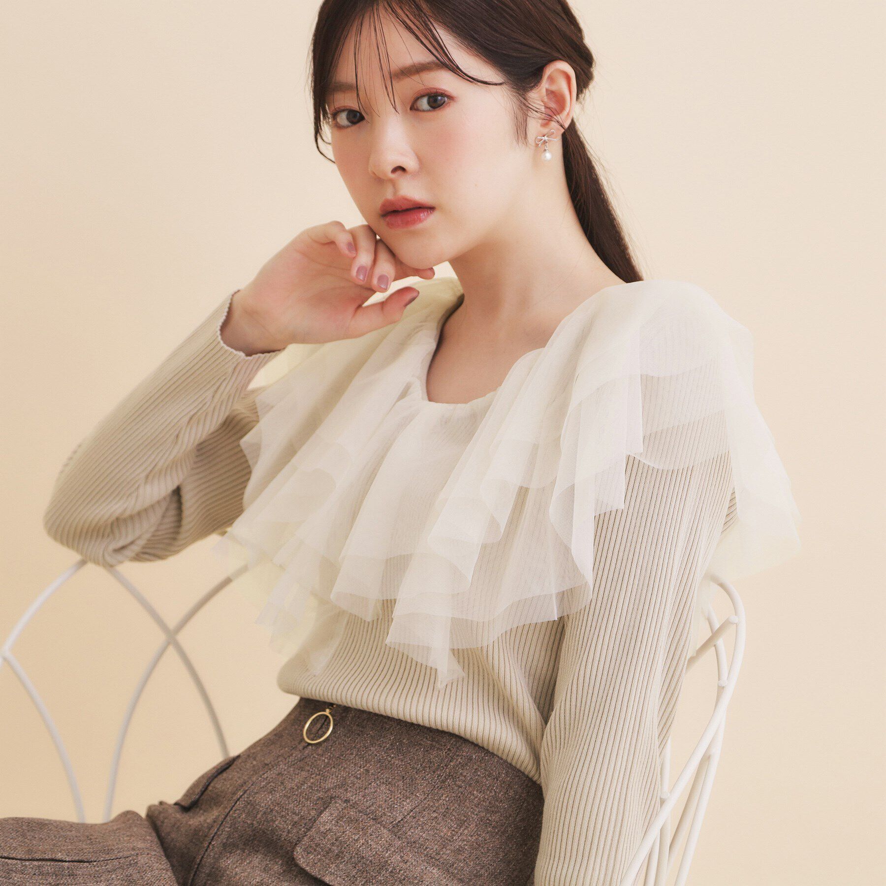 index「チュールフリルリブニット【洗濯機洗い可】」|ニット・セーター|グレージュ(050)