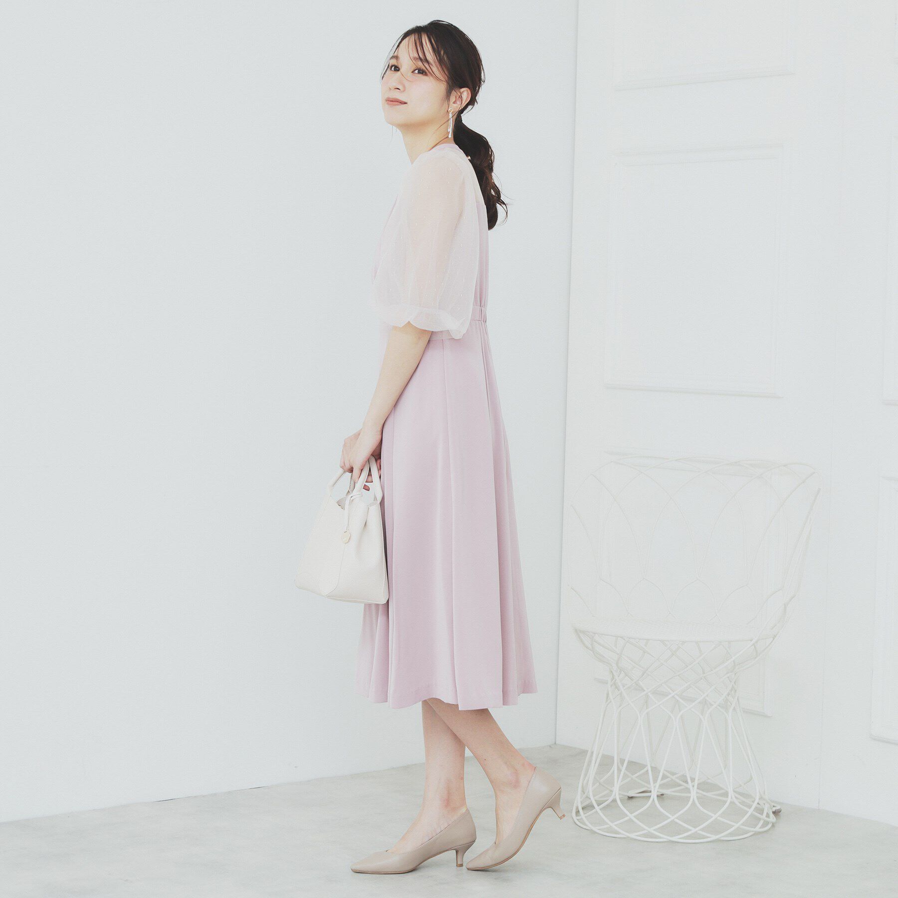 index「ドットチュールスリーブドッキングワンピース【洗濯機洗い可】」|ワンピース|