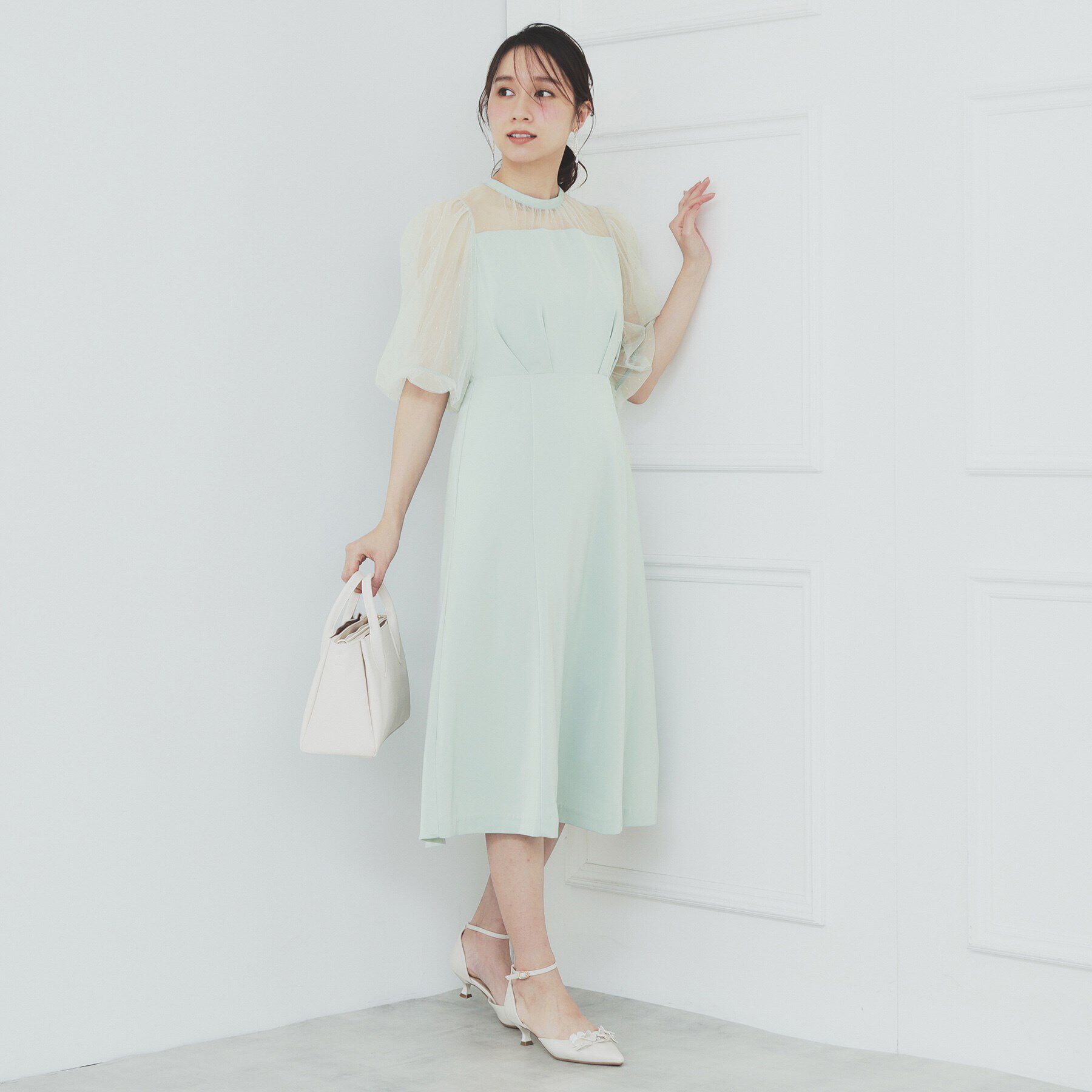 index「ドットチュールスリーブドッキングワンピース【洗濯機洗い可】」|ワンピース|