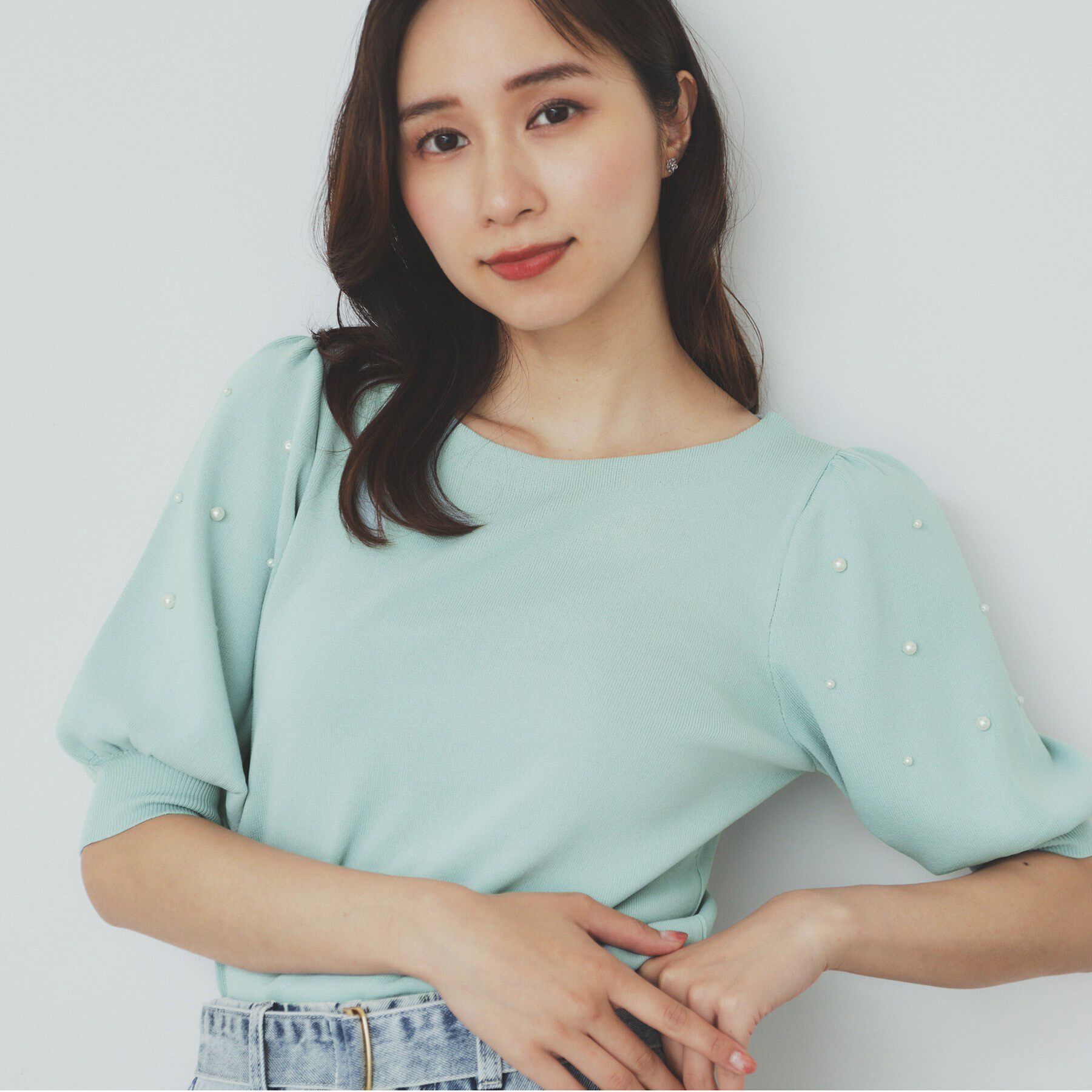 index「ドライタッチ パール調パフスリーブニット【洗濯機洗い可/UVケア/抗ピル/接触冷感】」|ニット・セーター|ミントグリーン(02