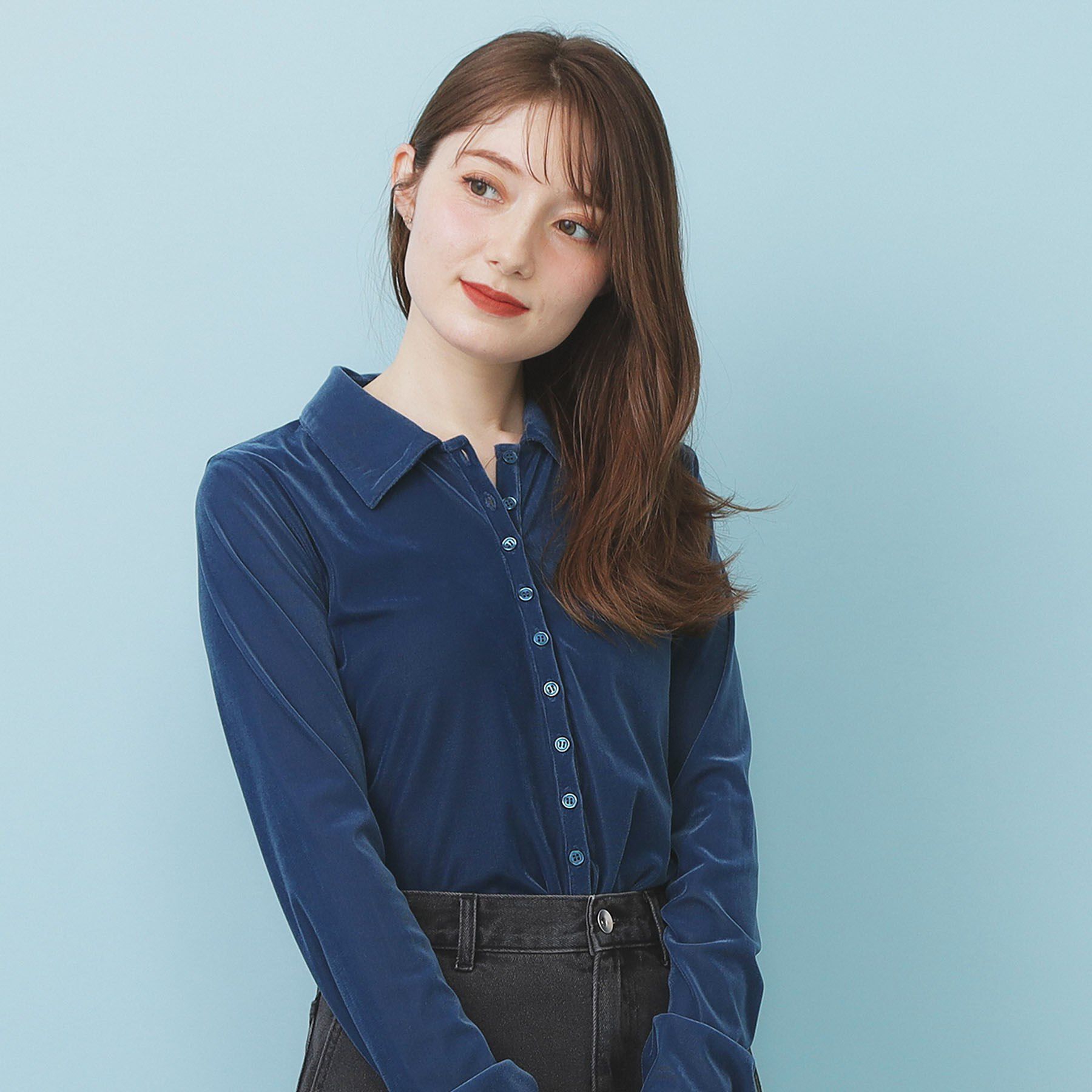 index「衿付きベロアジャージトップス【洗濯機OK】」|Tシャツ・カットソー|ブルー(092)