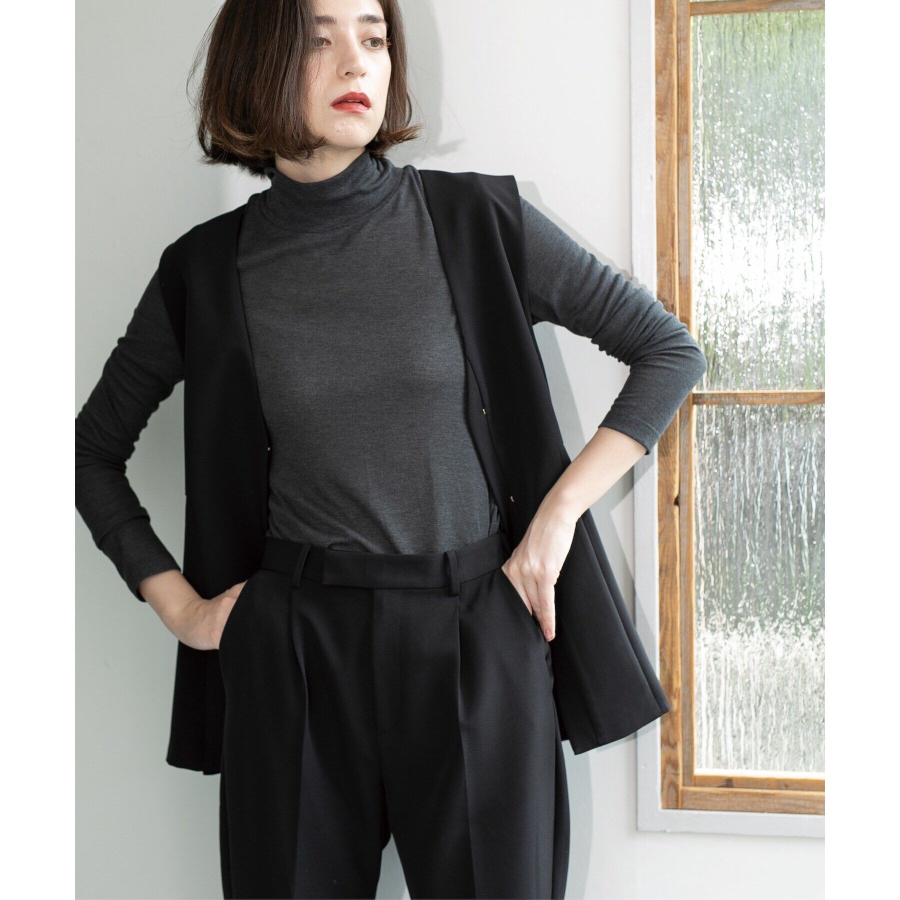 OPAQUE.CLIP「シアーガーゼハイネックカットソー／ネオサーモ【吸湿発熱/洗濯機洗い可】」|Tシャツ・カットソー|チャコールグレー(0