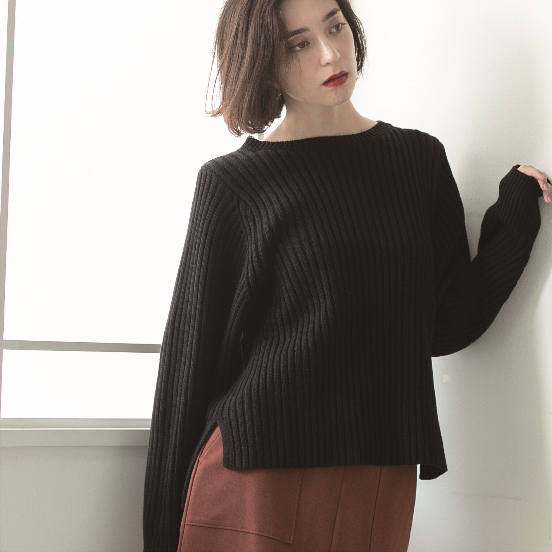 OPAQUE.CLIP「《7color》ボリュームスリーブリブニット【洗濯機洗い可】」|ニット・セーター|ブラック(019)