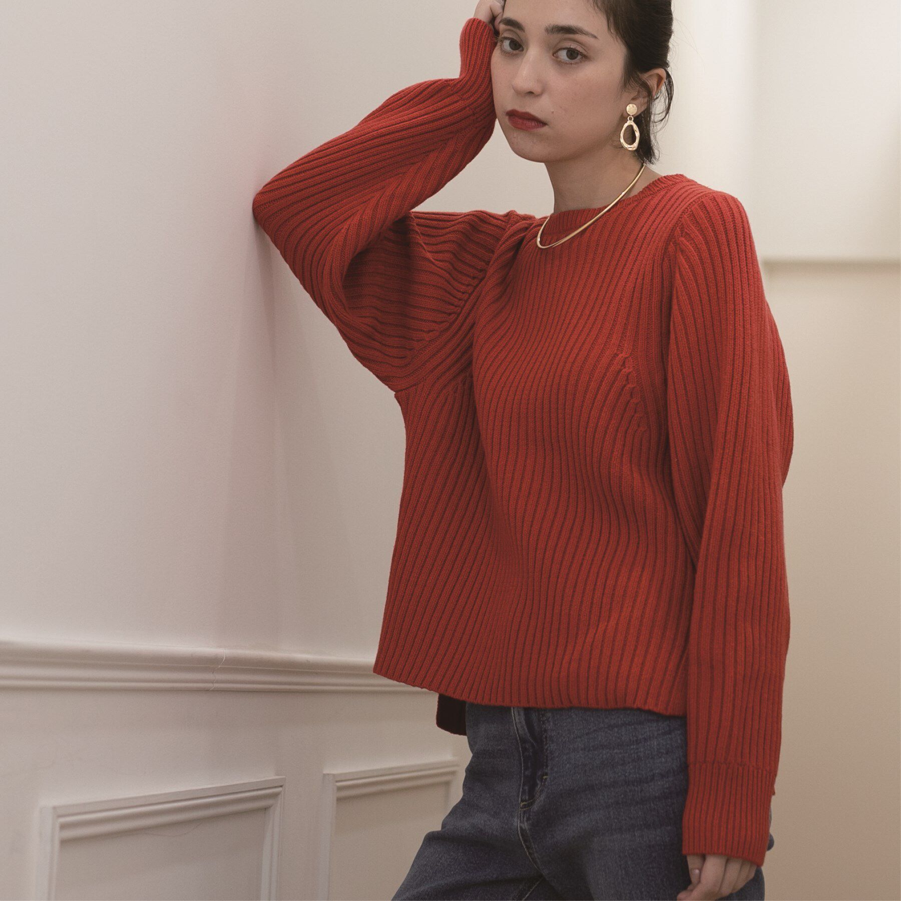 OPAQUE.CLIP「《7color》ボリュームスリーブリブニット【洗濯機洗い可】」|ニット・セーター|レッド(063)