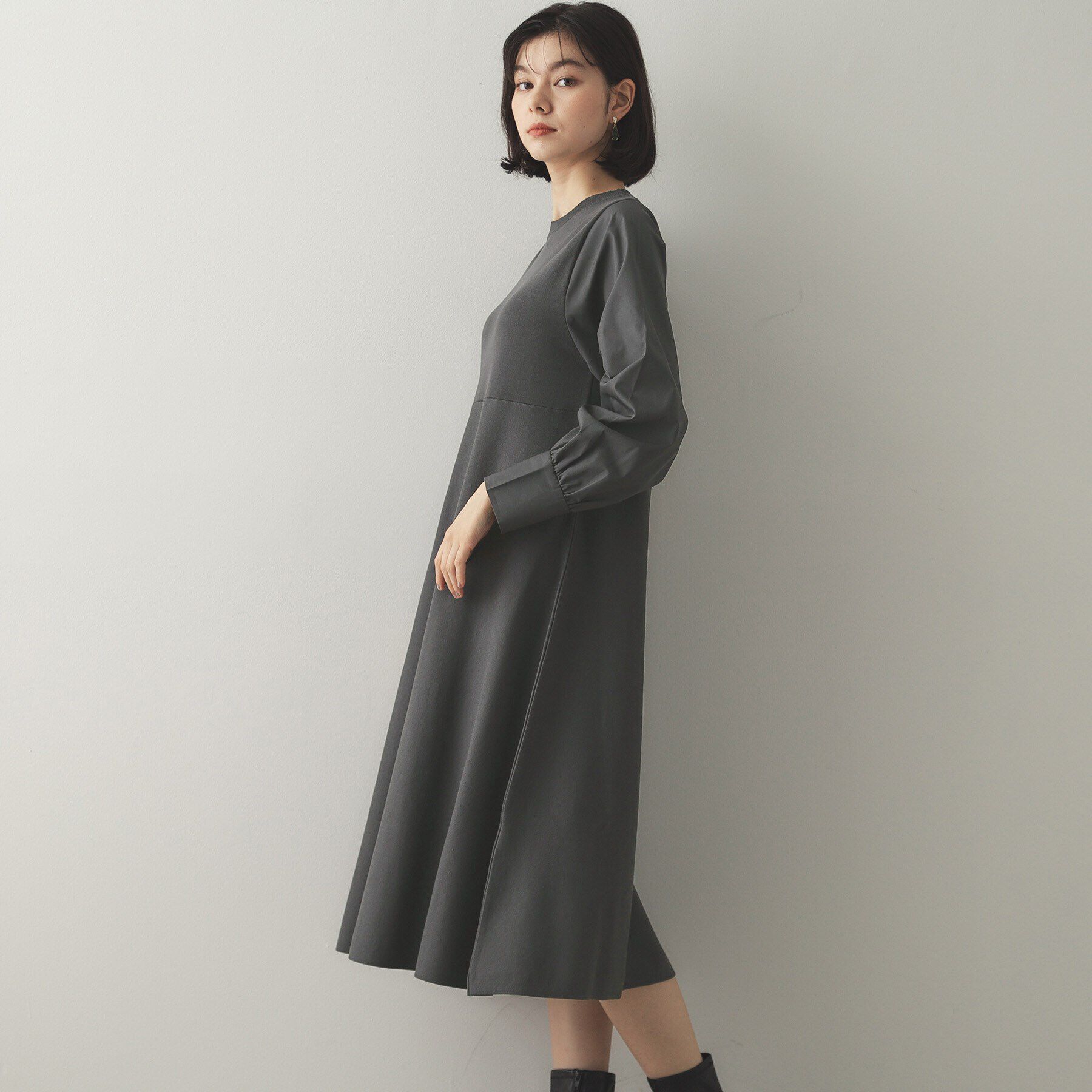 OPAQUE.CLIP「フハクスリーブ ドッキングニットフレアワンピース【洗濯機洗い可】」|ワンピース|