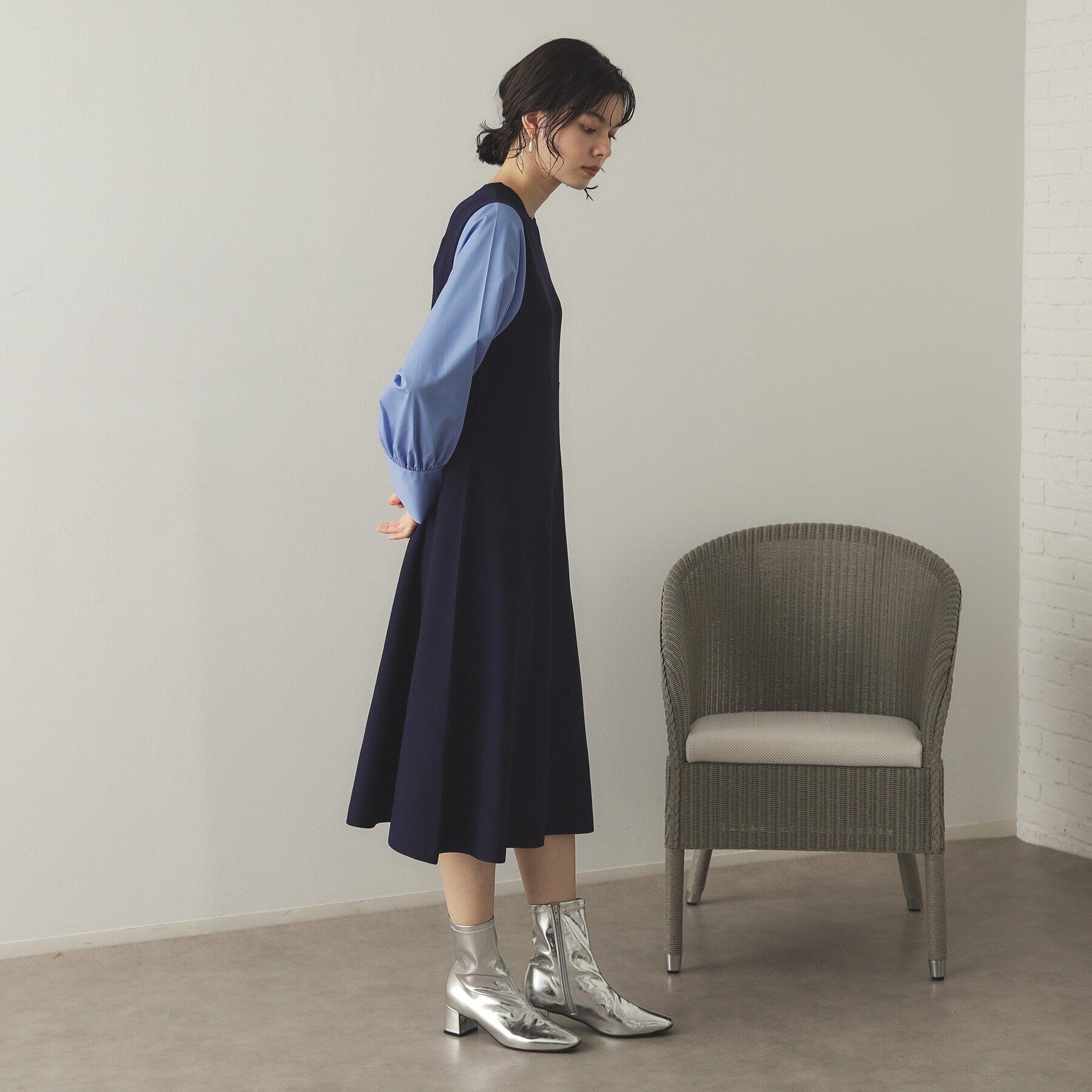 OPAQUE.CLIP「フハクスリーブ ドッキングニットフレアワンピース【洗濯機洗い可】」|ワンピース|