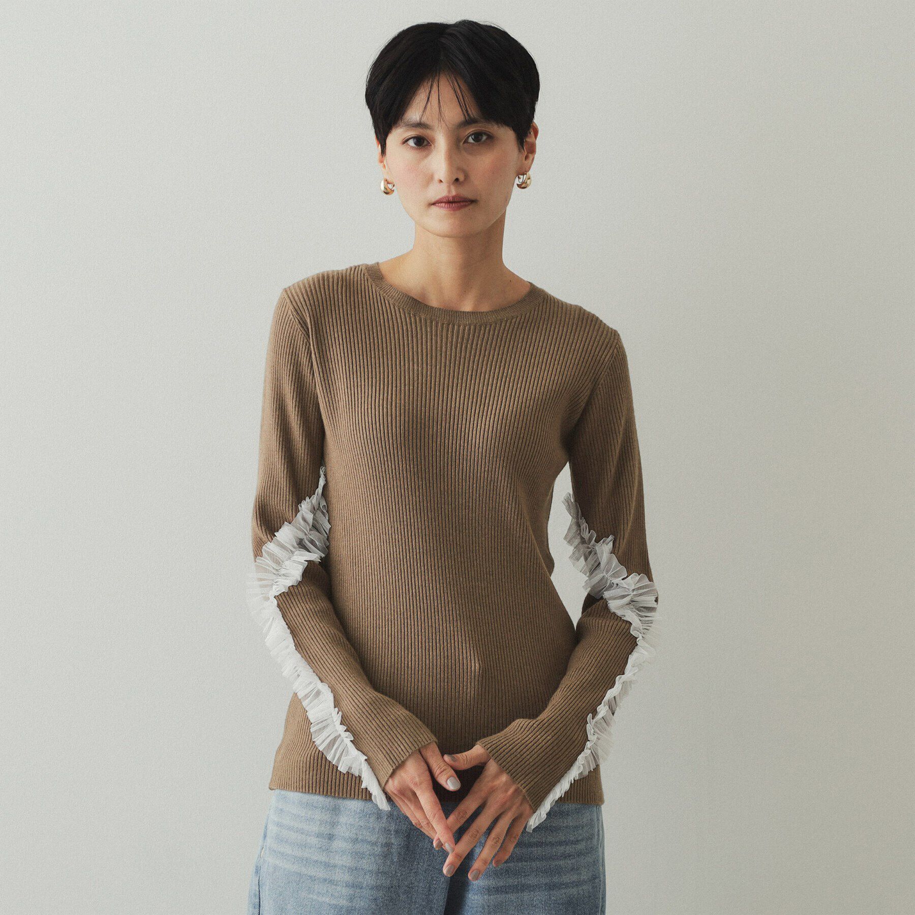 OPAQUE.CLIP「チュールフリルスリーブリブニット【洗濯機洗い可】」|ニット・セーター|