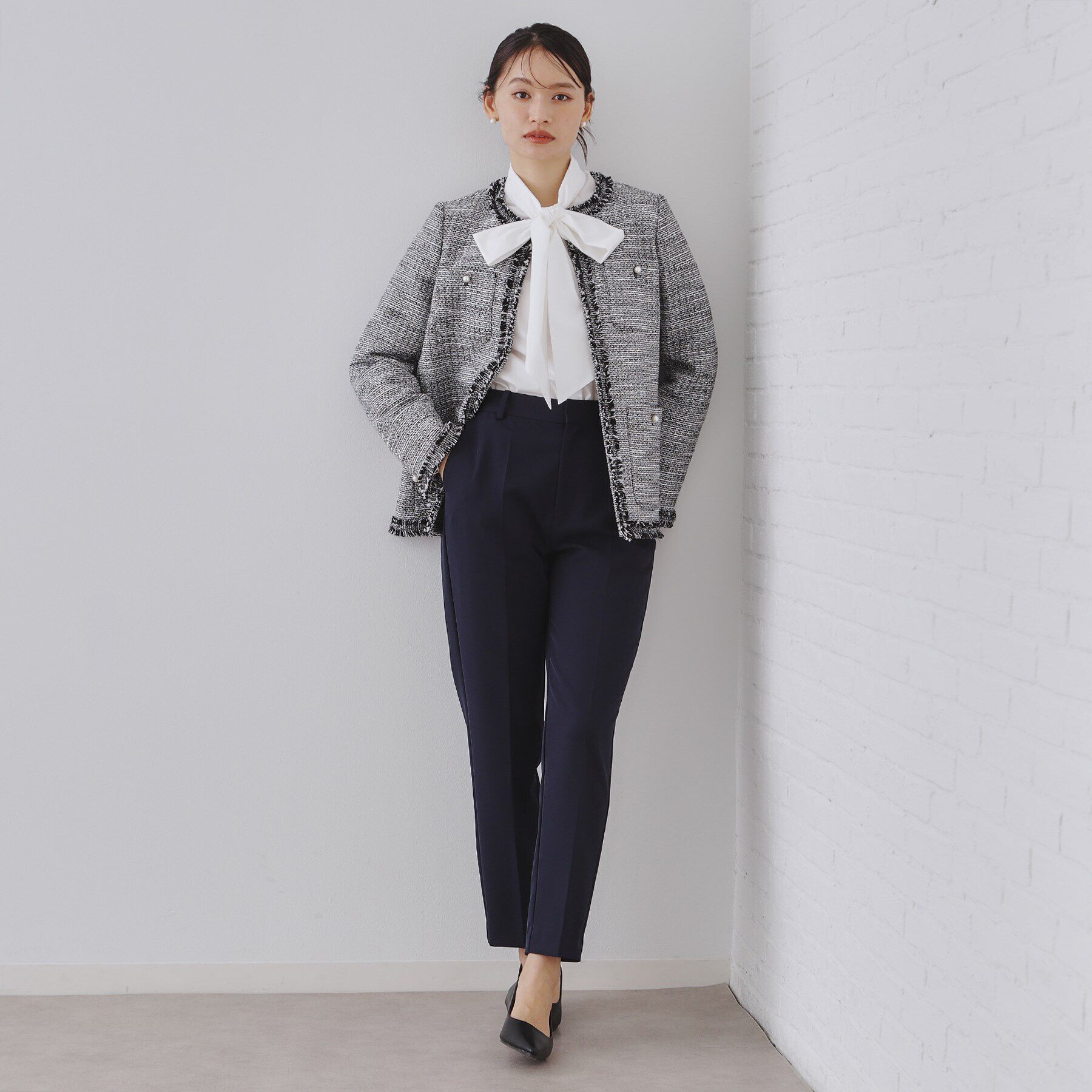 OPAQUE.CLIP「《通勤・セレモニー対応》コットンツイードミドルジャケット」|ノーカラージャケット|