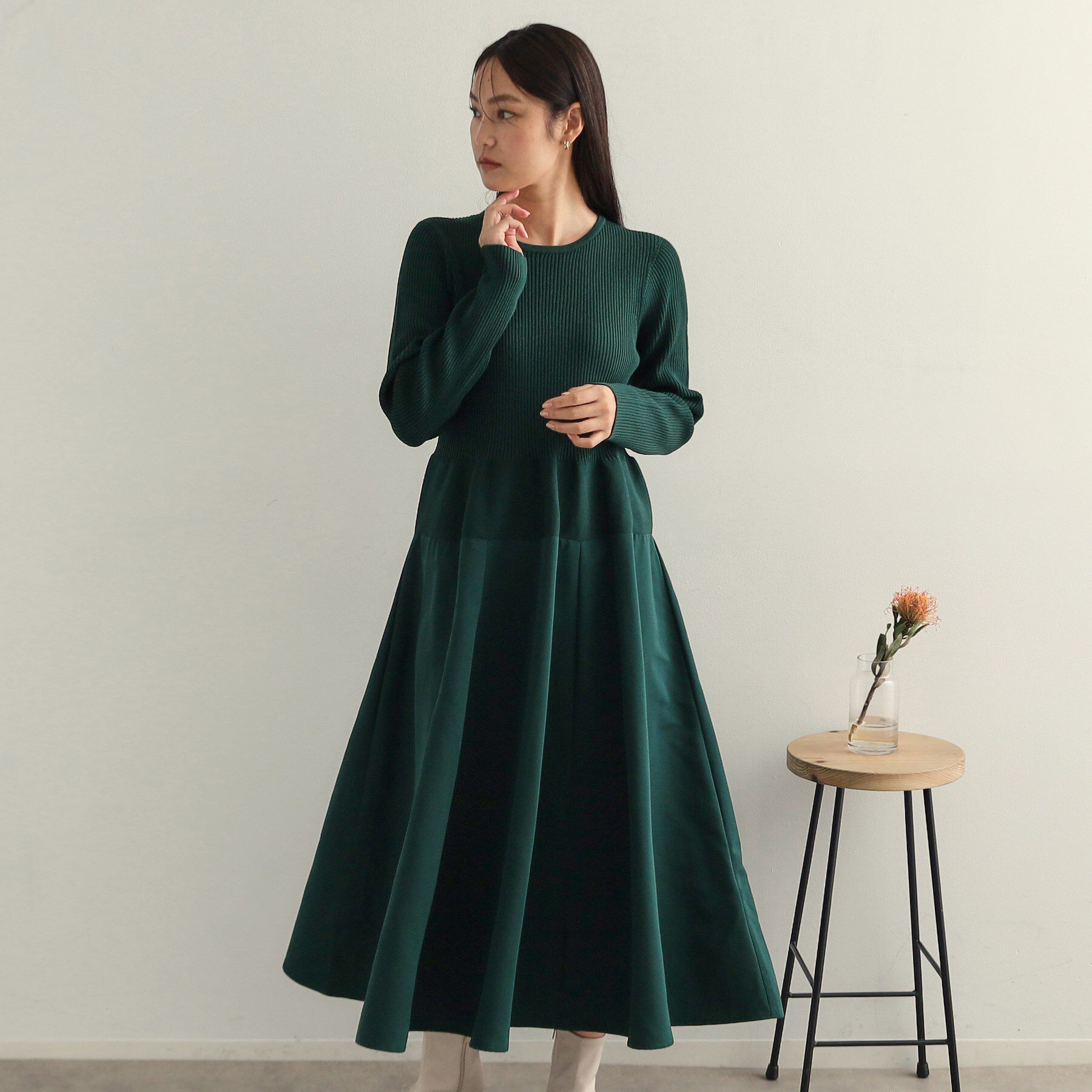 OPAQUE.CLIP「シームレスニット&times;フハクドッキングワンピース【洗濯機洗い可】」|ワンピース|グリーン(024)