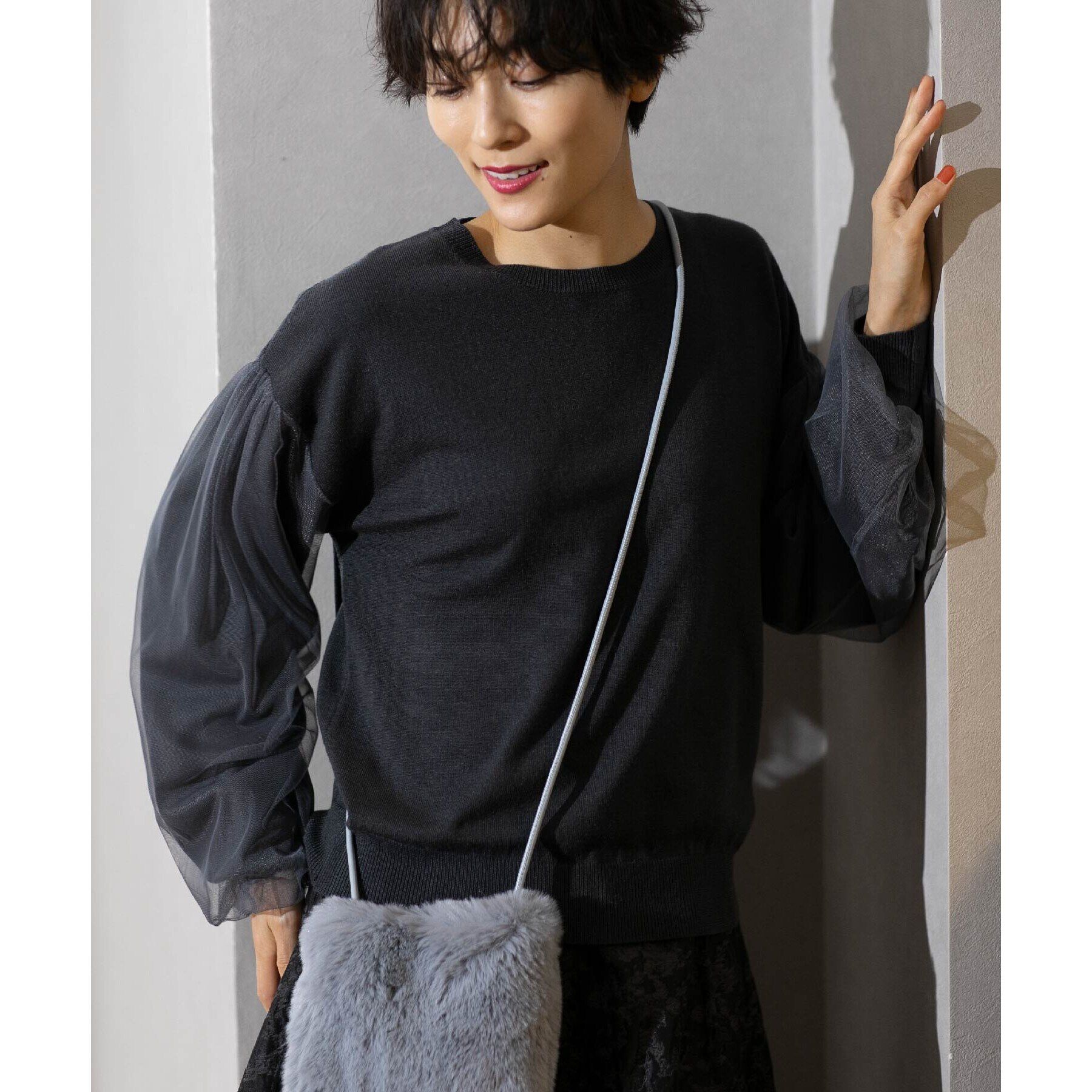 OPAQUE.CLIP「《5color/S-LLsize》チュールドッキングスリーブニット【洗濯機洗い可】」|ニット・セーター|