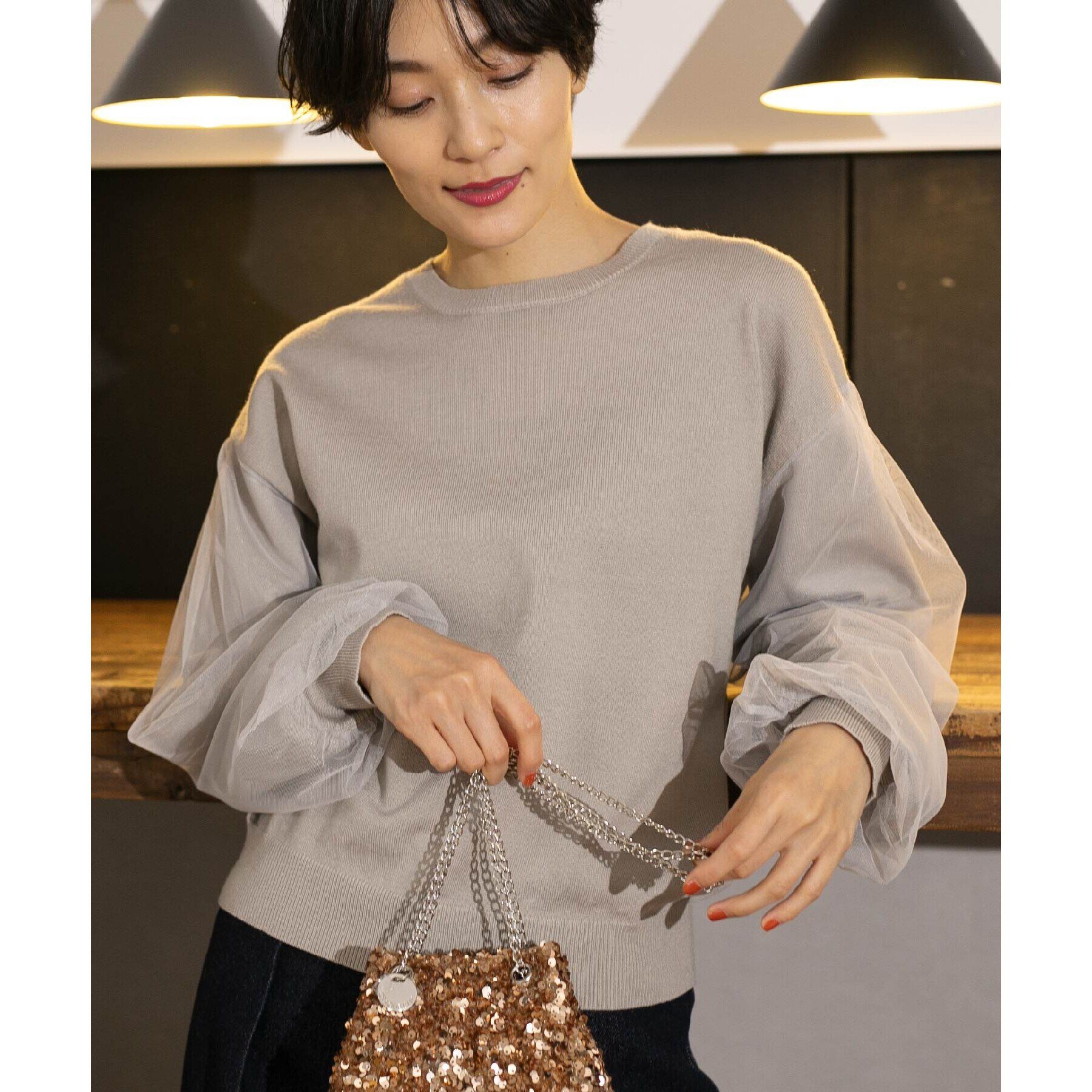 OPAQUE.CLIP「《5color/S-LLsize》チュールドッキングスリーブニット【洗濯機洗い可】」|ニット・セーター|ベージュ(052)