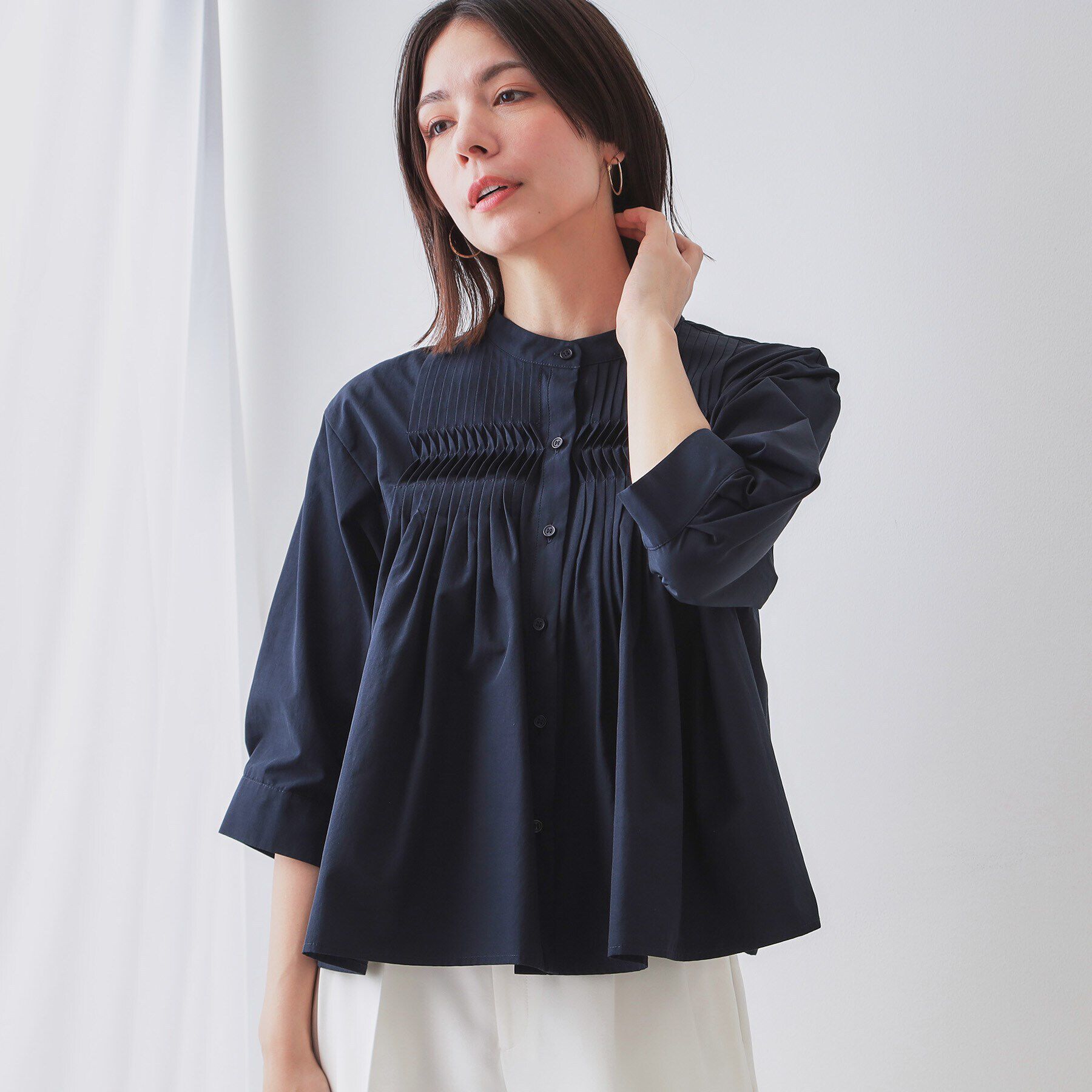 OPAQUE.CLIP「ピンタックフレアシャツ【洗濯機洗い可】」|シャツ・ブラウス|ネイビー(094)