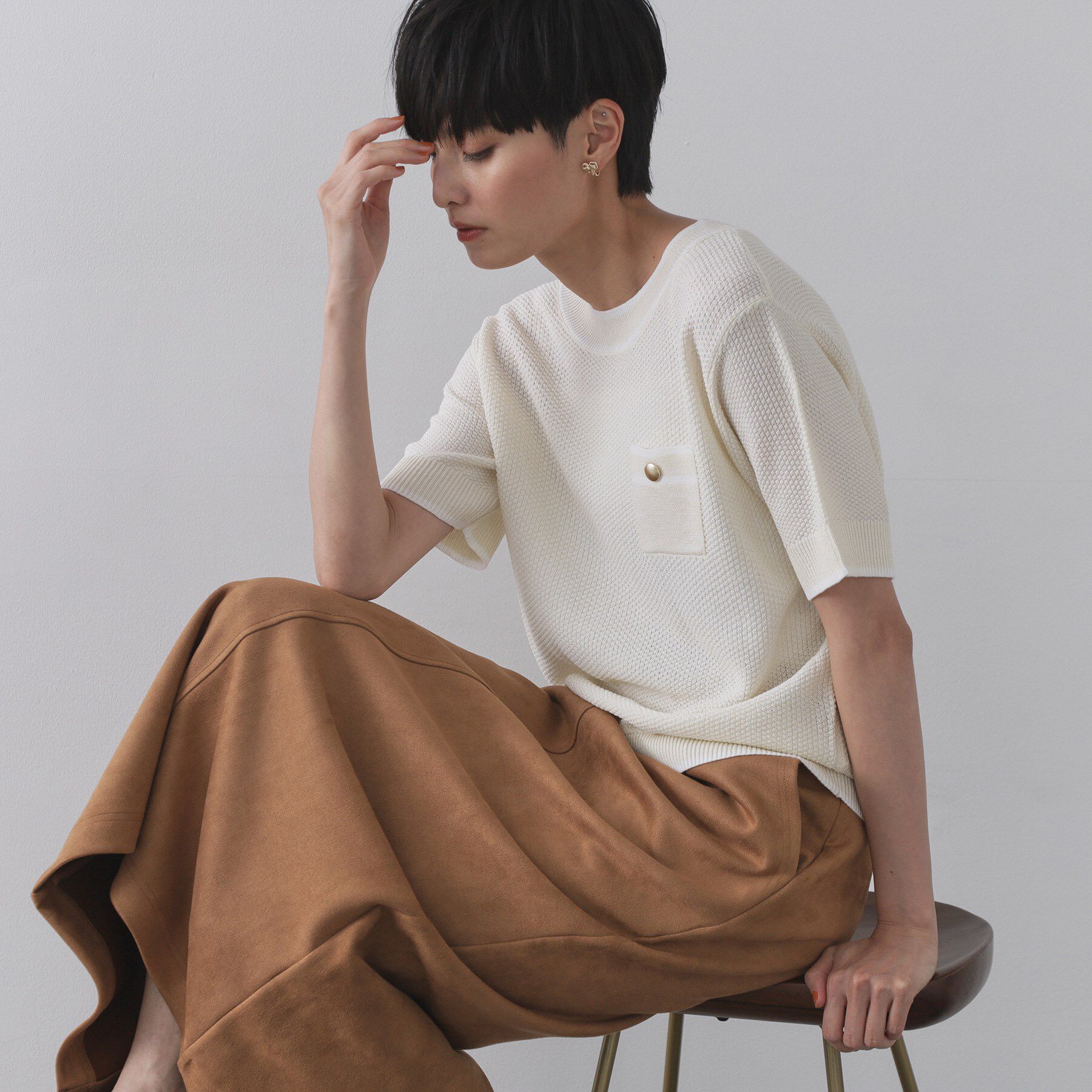 OPAQUE.CLIP「ツイードライクポケット付きニット【洗濯機洗い可/抗ピル】」|ニット・セーター|オフホワイト(003