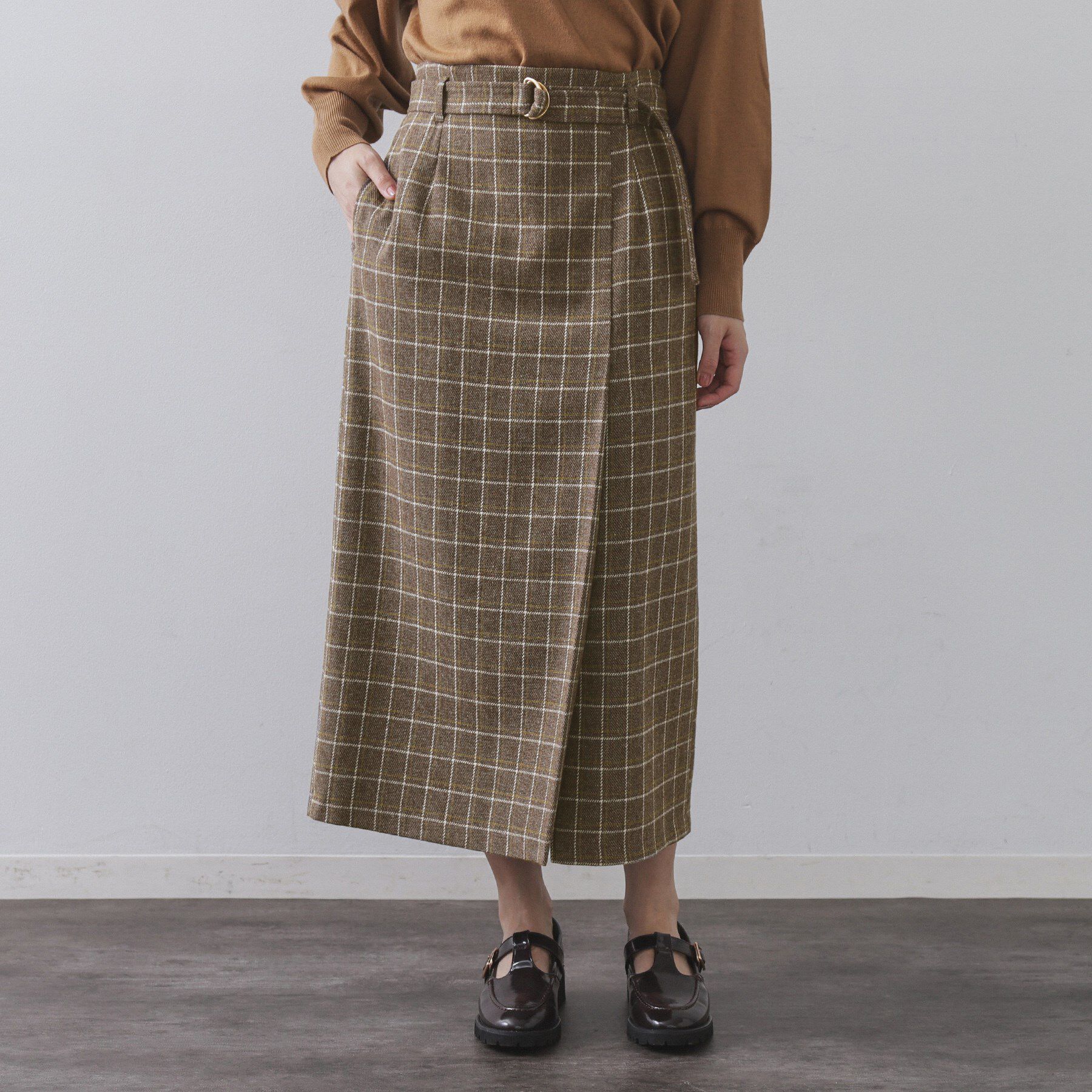 OPAQUE.CLIP「チェックツイード ラップ風ナロースカート【洗濯機OK】」|スカート|