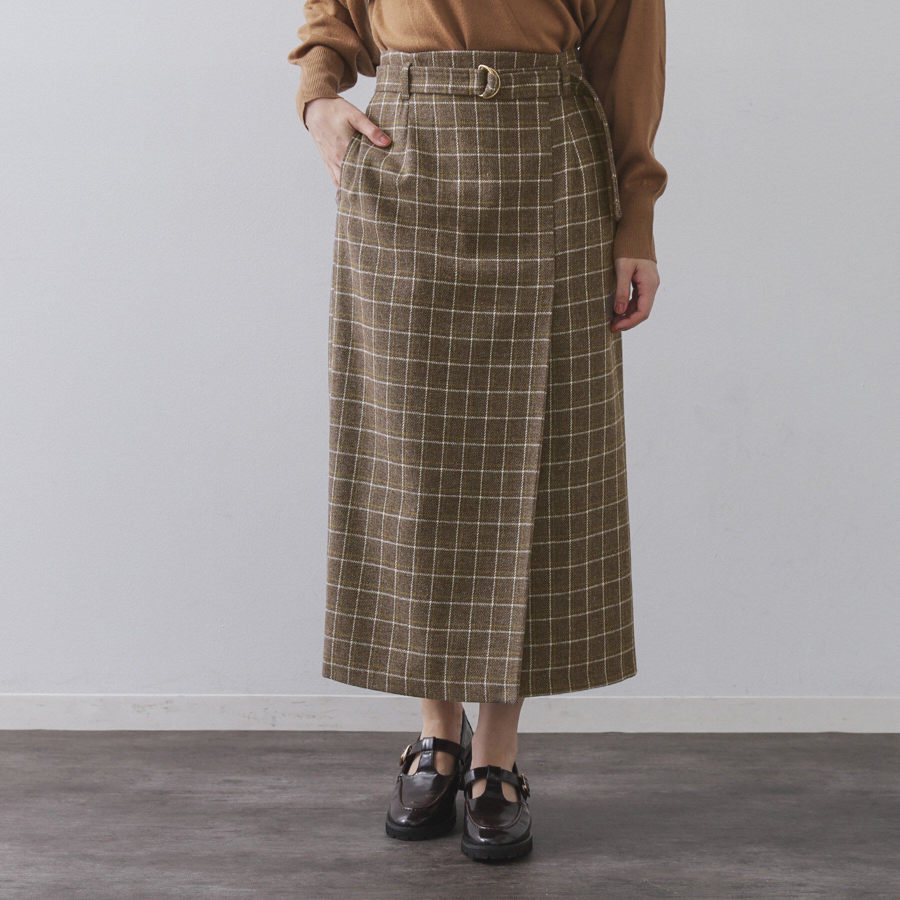 OPAQUE.CLIP「チェックツイード ラップ風ナロースカート【洗濯機OK】」|スカート|ブラウン(243)
