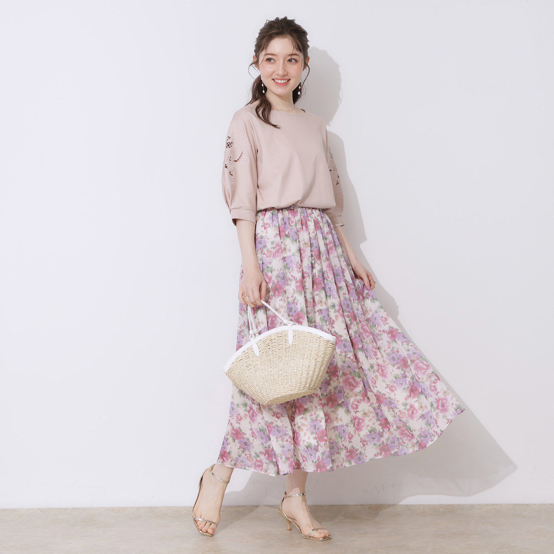 Couture broach「【華やか・ウエストゴム】かすれプリント楊柳スカート」|スカート|
