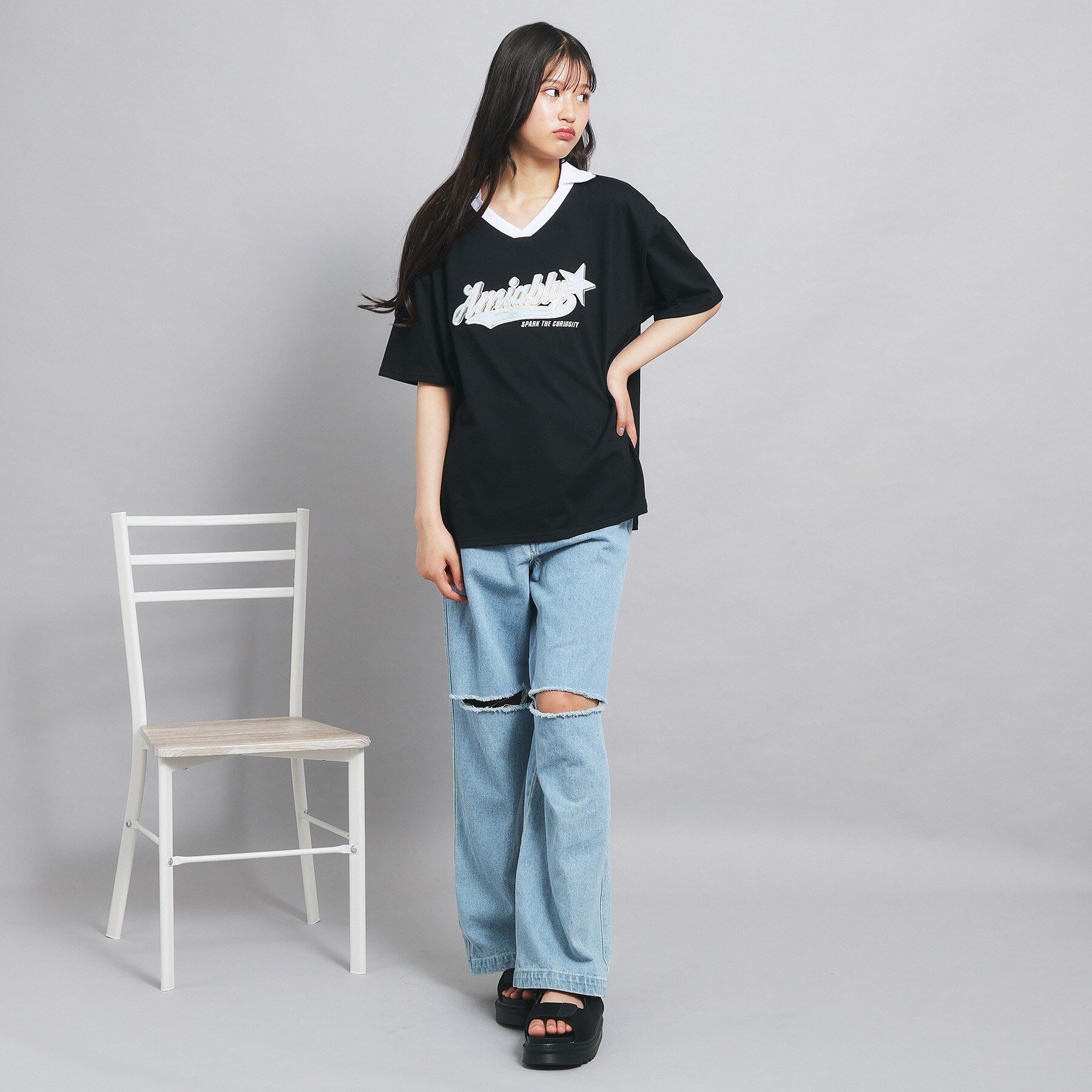 PINK-latte「Vネック衿付きアップリケビッグTシャツ」|Tシャツ・カットソー|