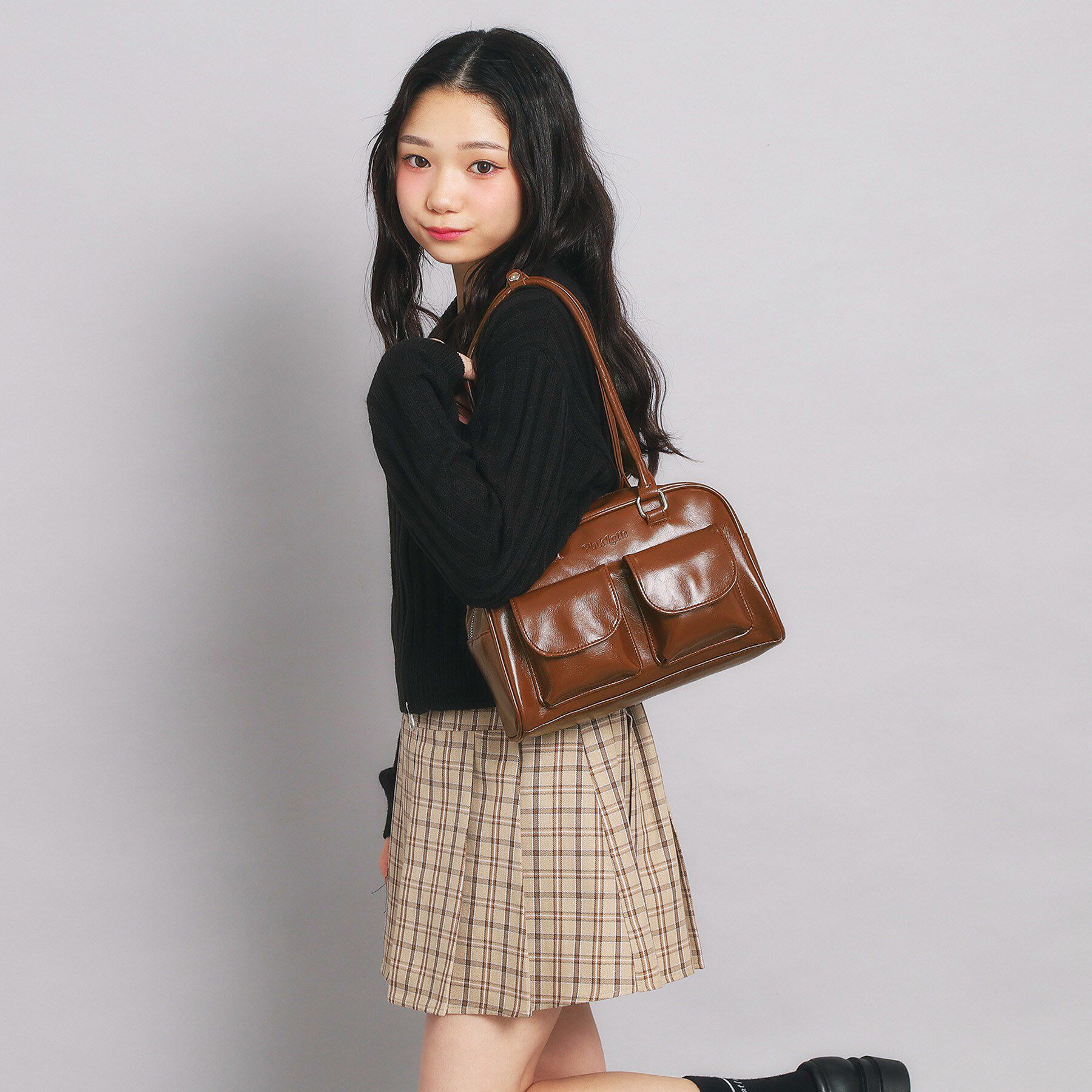 PINK-latte「アウトポケット ロングハンドルバッグ」|ハンドバッグ|ブラウン(043)