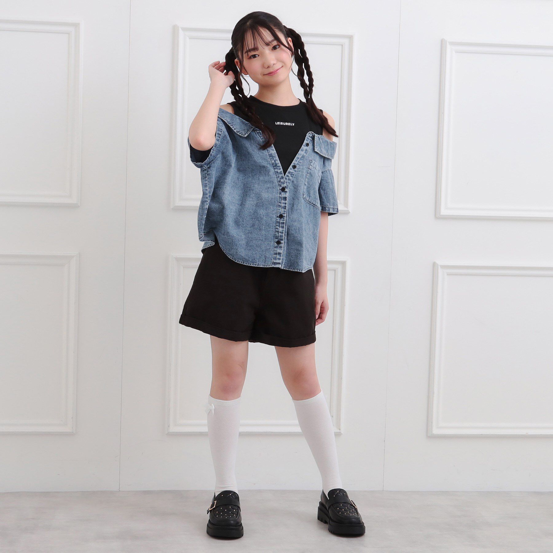 PINK-latte「肩あきデニムドッキングシャツ」|Tシャツ・カットソー|