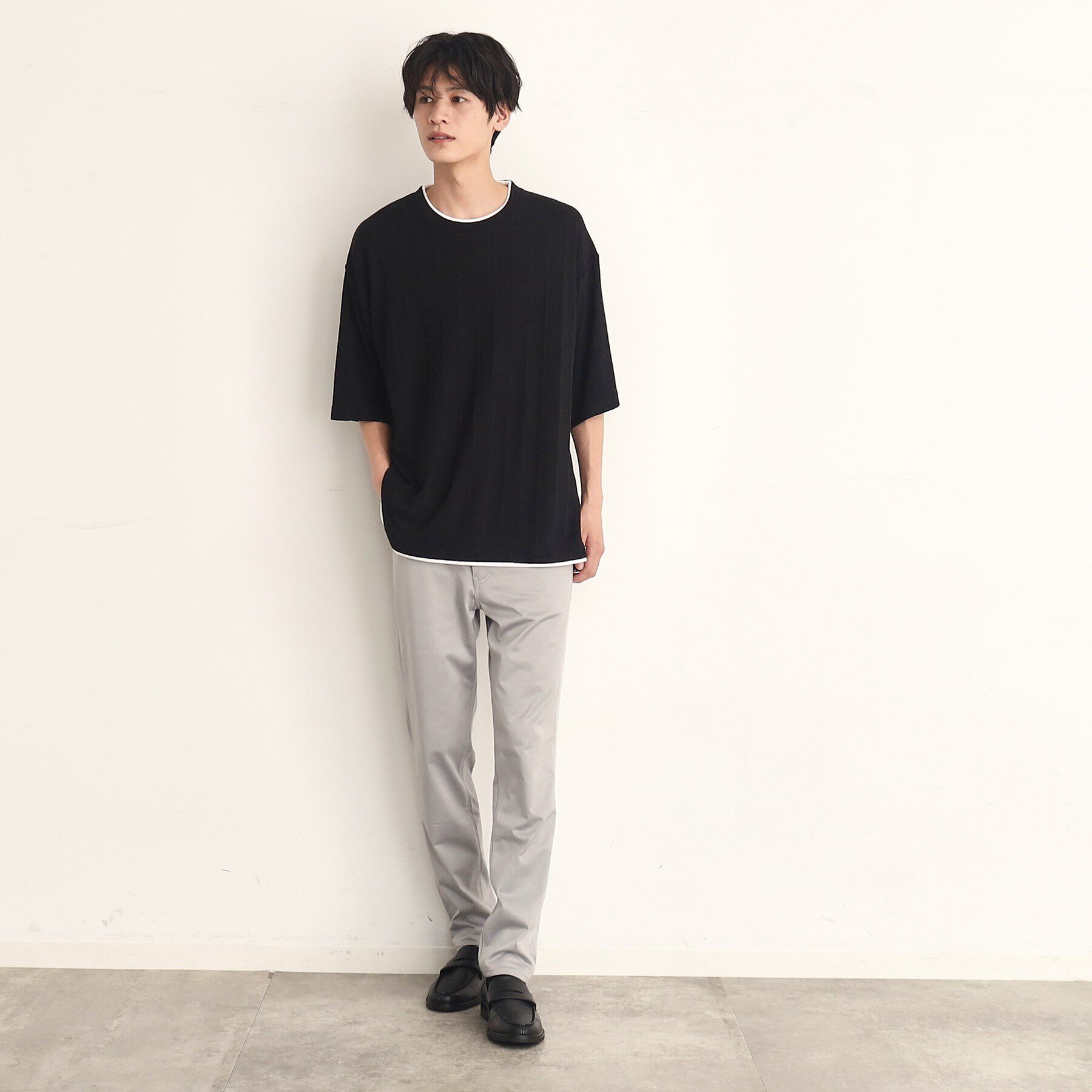 THE SHOP TK「【ビッグシルエット】ストライプジャカードフェイクレイヤードTシャツ」|Tシャツ・カットソー|