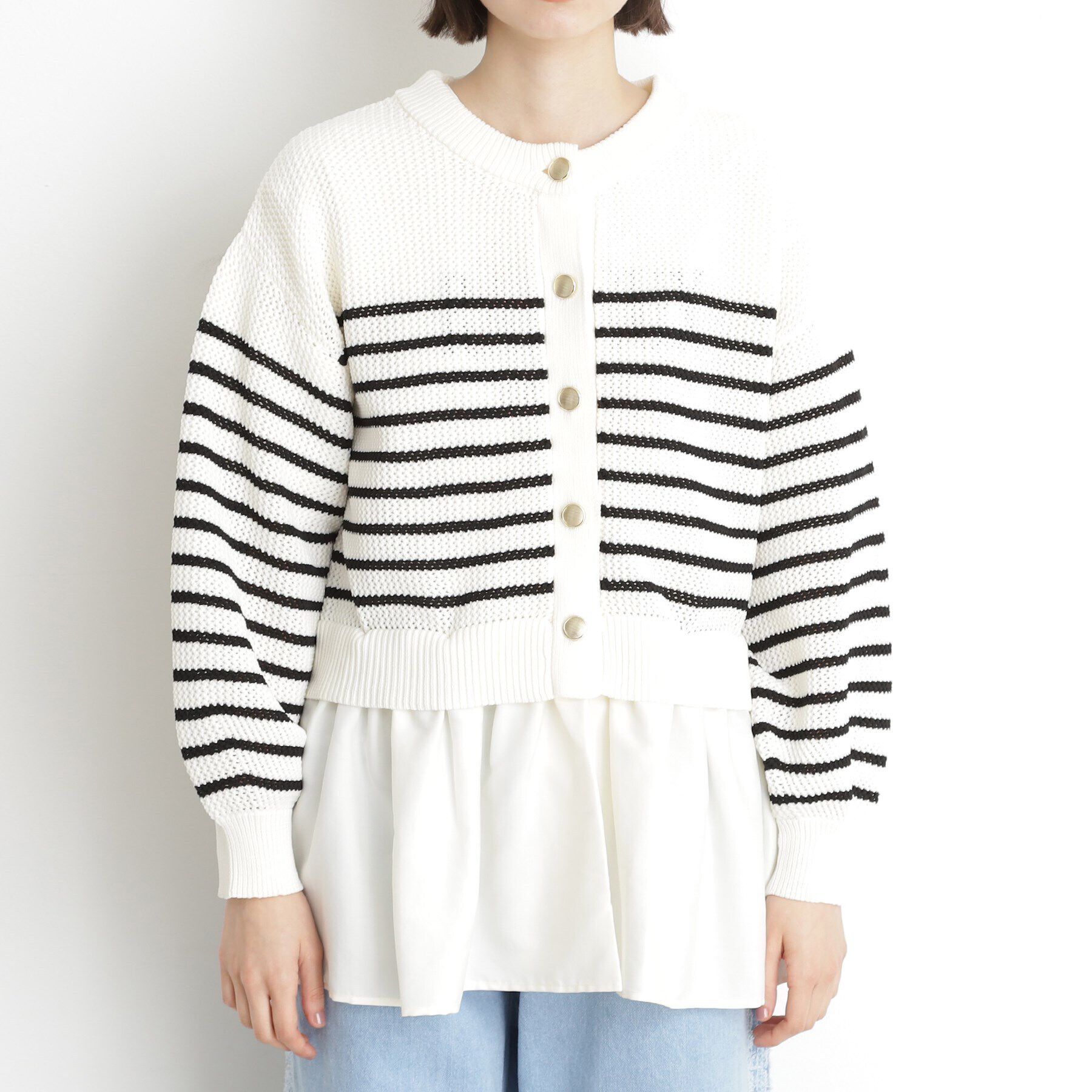 THE SHOP TK「布帛ドッキングメッシュカーデ」|カーディガン|