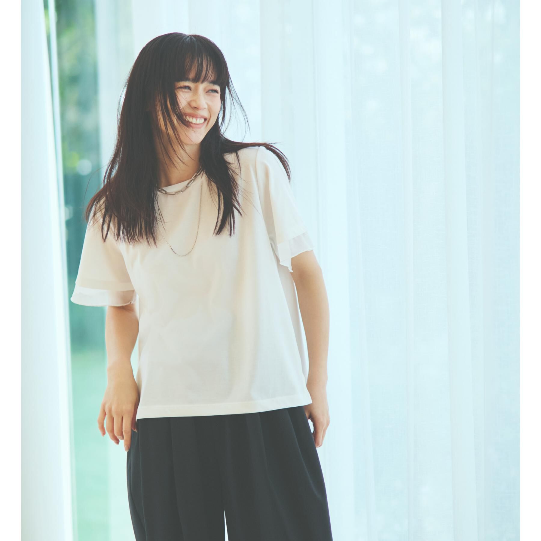 THE SHOP TK「袖シアーTシャツ【接触冷感/洗濯機OK】」|Tシャツ・カットソー|オフホワイト(003