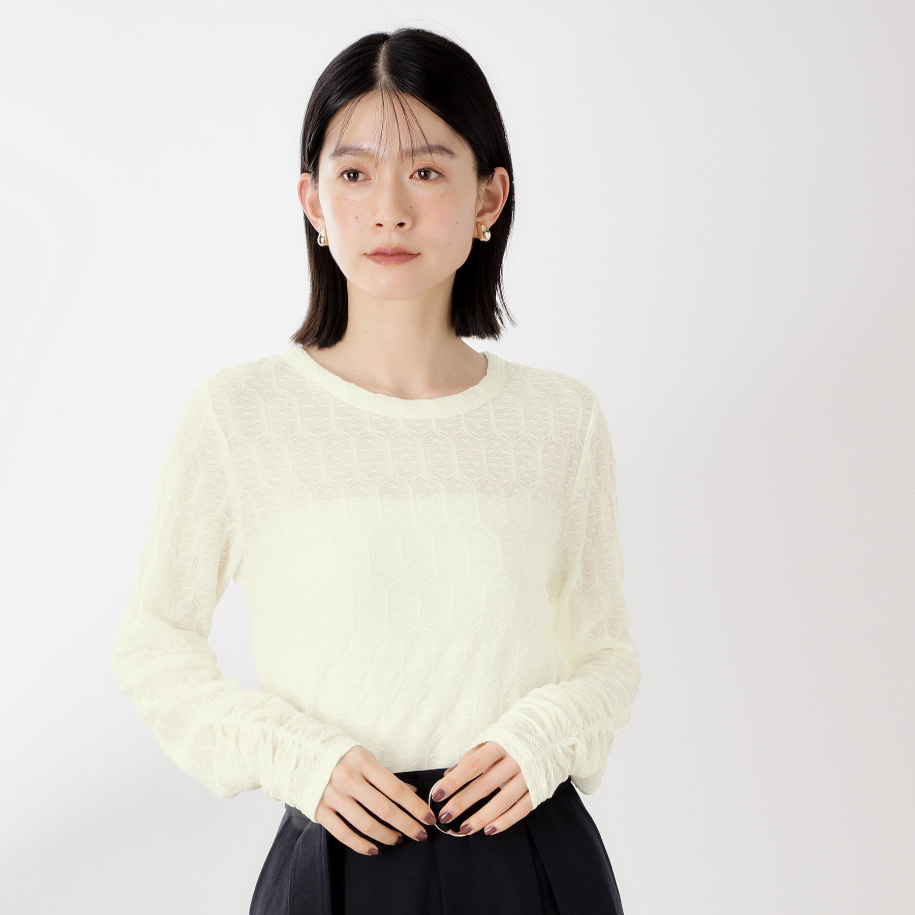 THE SHOP TK「ウェーブシアー袖クシュプルオーバー【洗濯機OK】」|Tシャツ・カットソー|オフホワイト(003