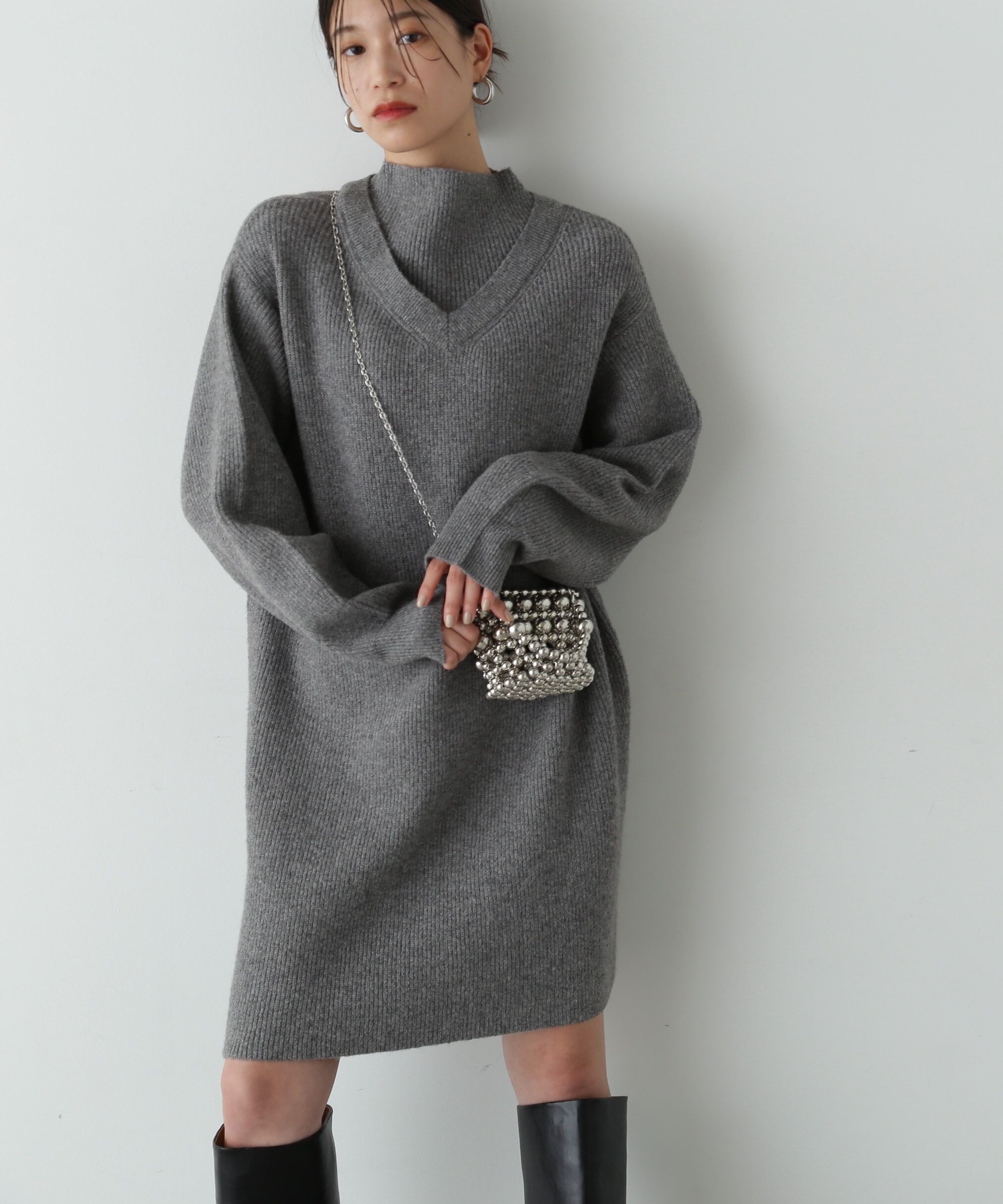  「レイヤード風畦ニットミディワンピース」|ワンピース|