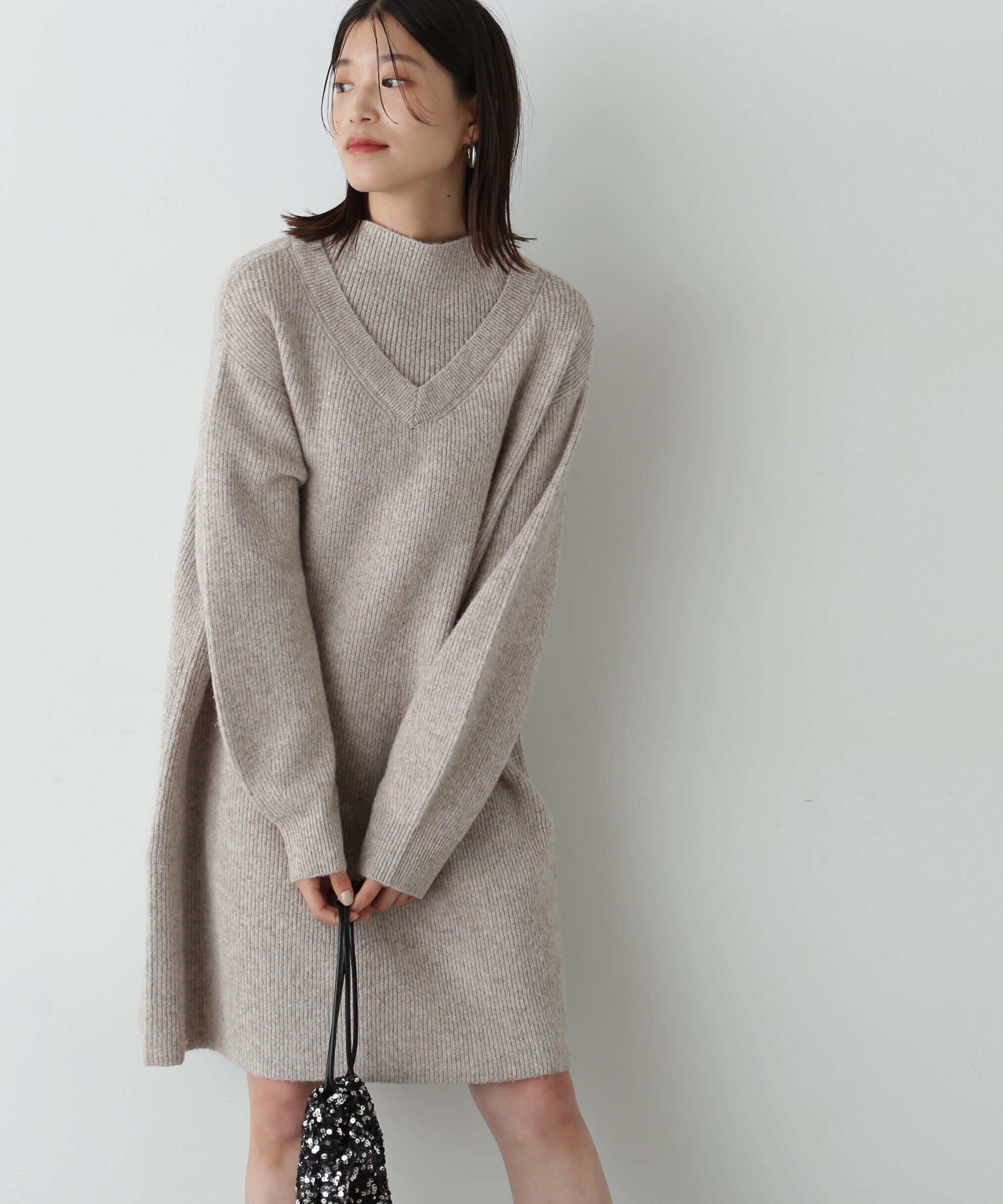  「レイヤード風畦ニットミディワンピース」|ワンピース|ベージュ