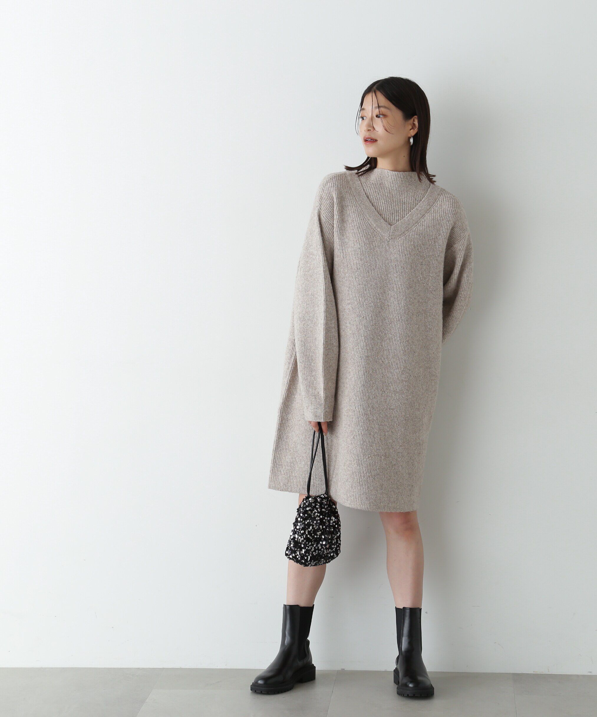  「レイヤード風畦ニットミディワンピース」|ワンピース|