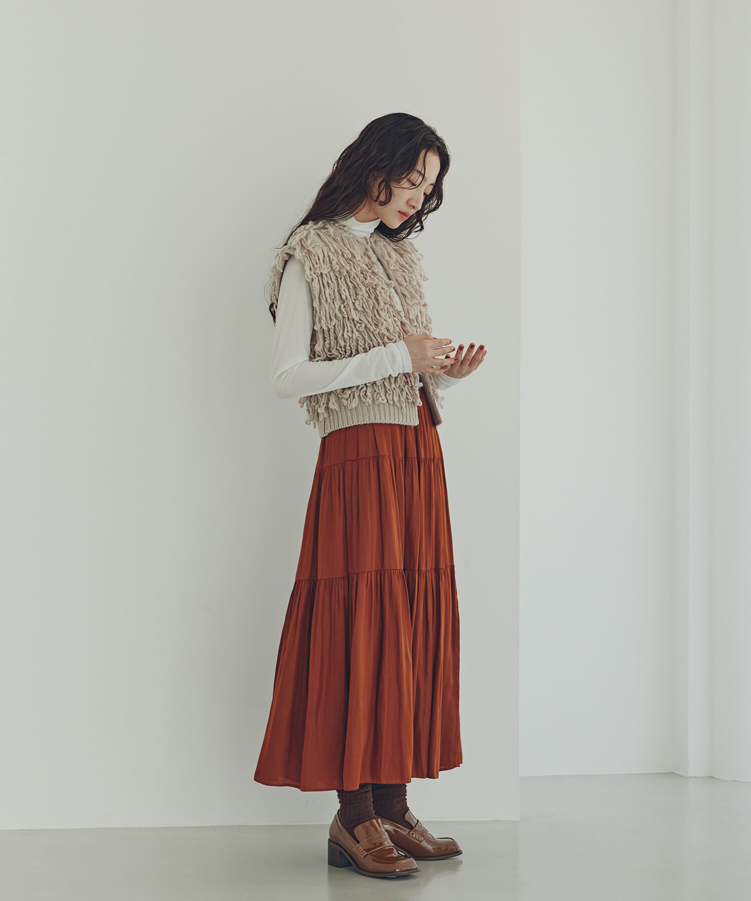  「ティアードロングスカート」|スカート|キャメル1
