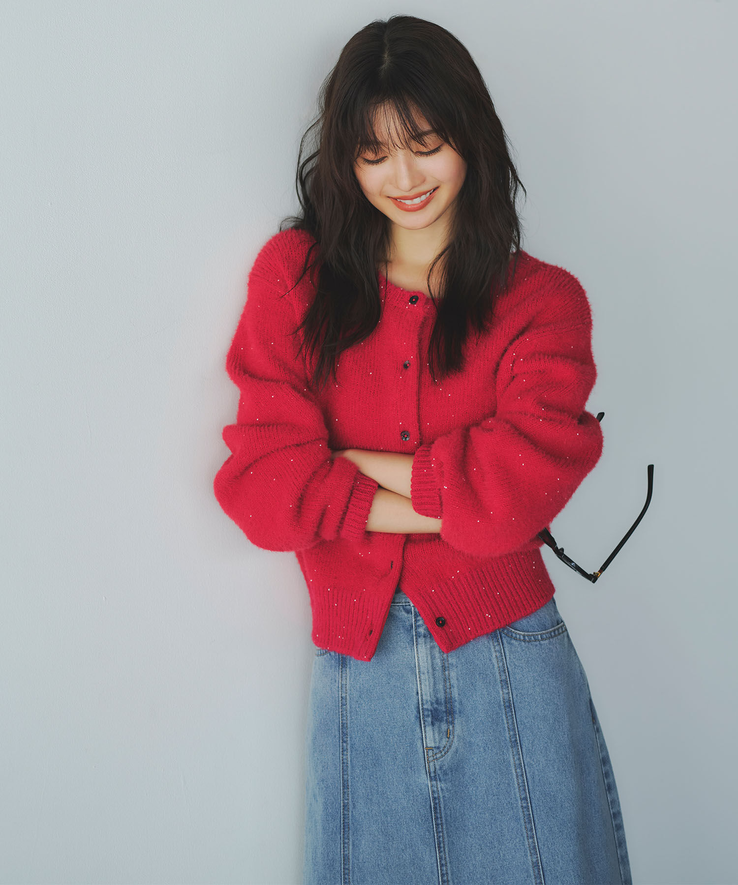  「ビーズミックスヘアリーカーディガン」|ニット・セーター|レッド