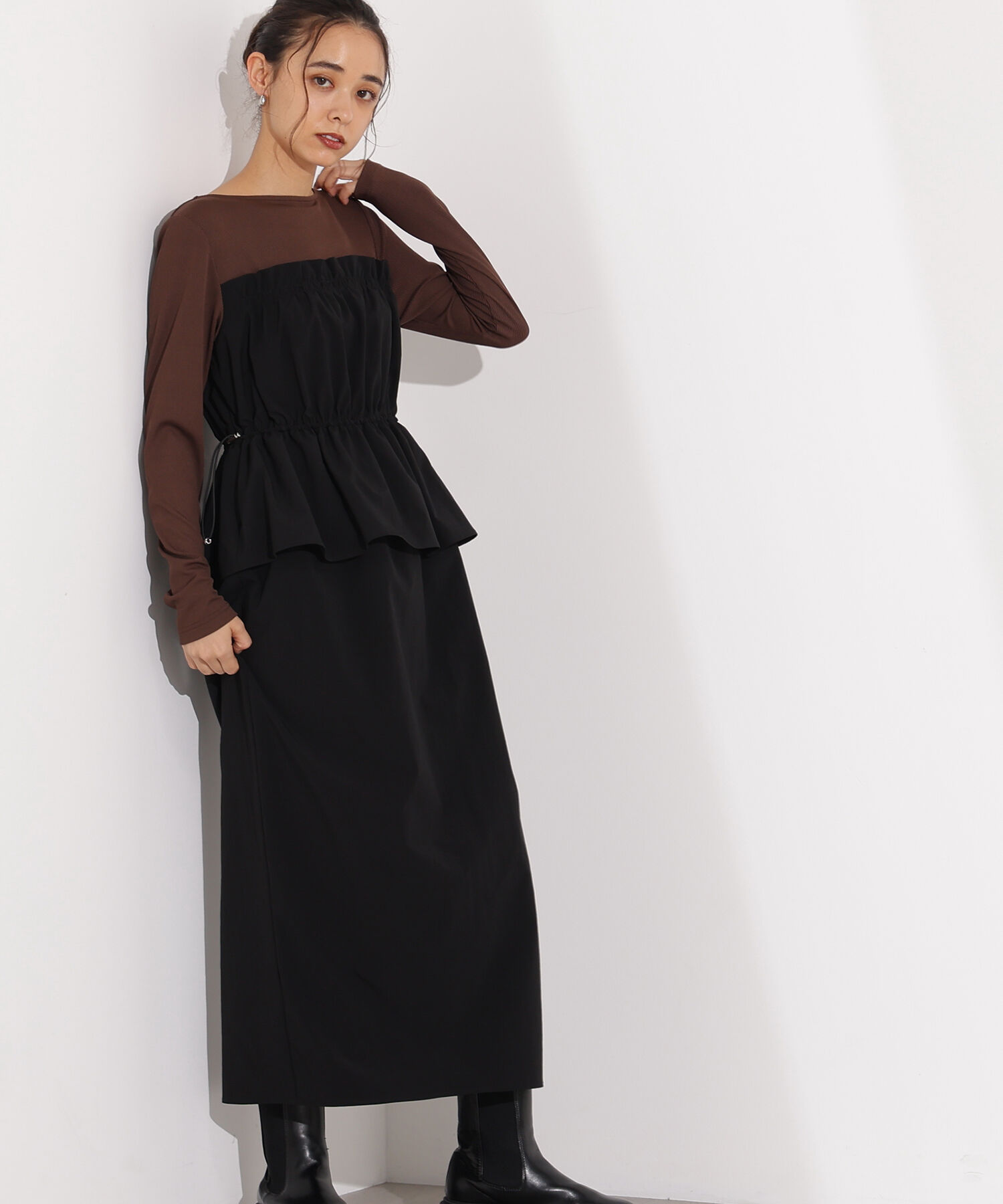  「ドロストコードドッキングワンピース長袖」|ワンピース|