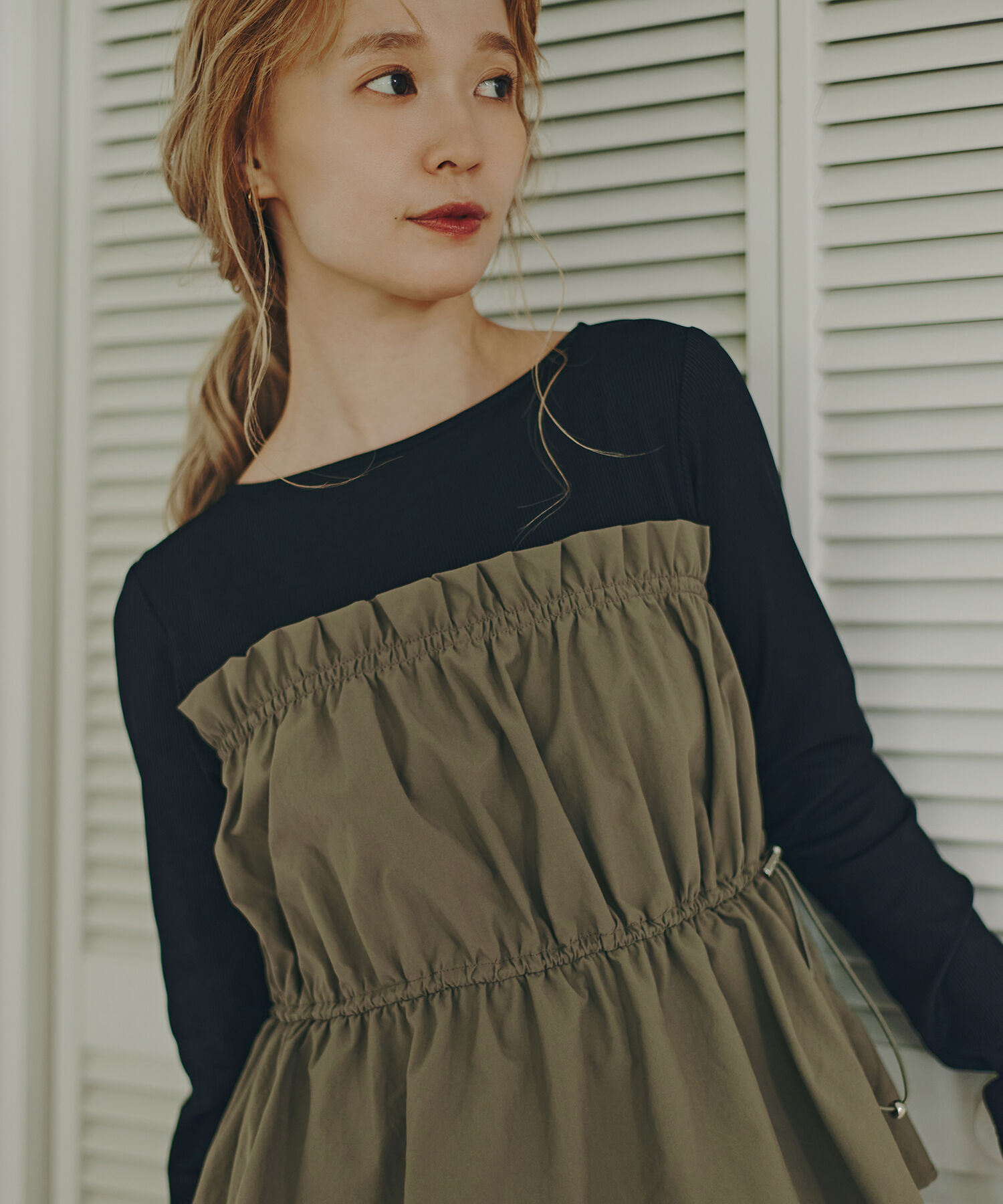  「ドロストコードドッキングワンピース長袖」|ワンピース|